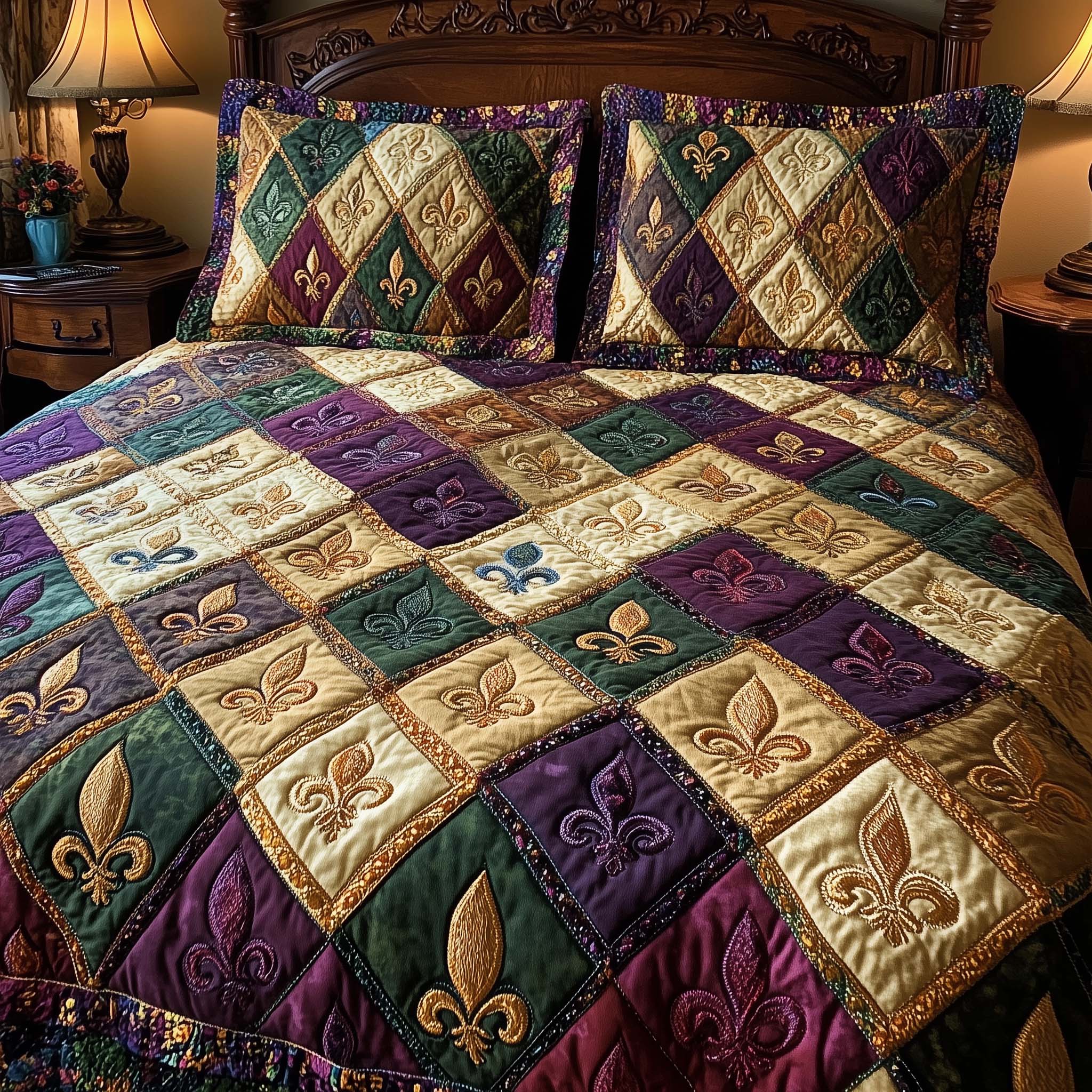 Fleur De Lis Quilted Bedding Set Bed Comforter Set Mardi Gras Gifts For Men