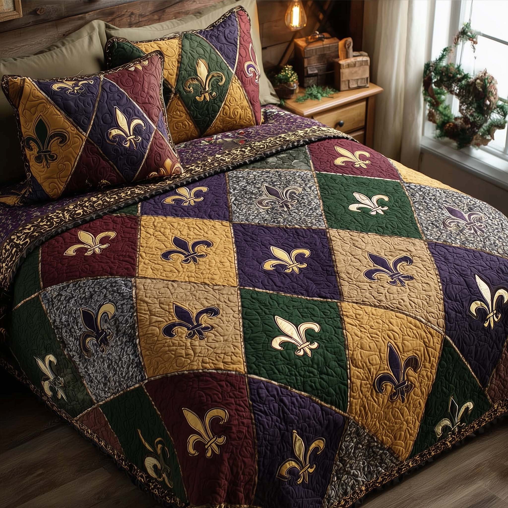 Fleur De Lis Quilted Bedding Set Bed Comforter Sets Mardi Gras Gifts For Women