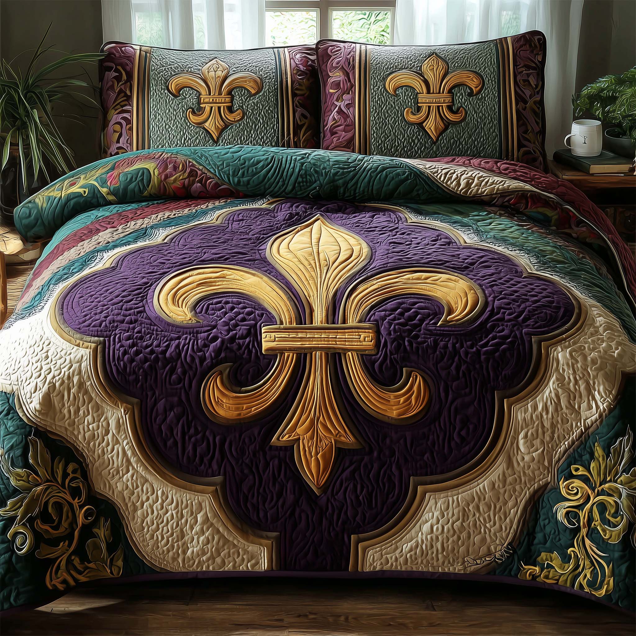 Fleur De Lis Quilted Bedding Set Bedsheet Comforter Set Mardi Gras Gift Ideas