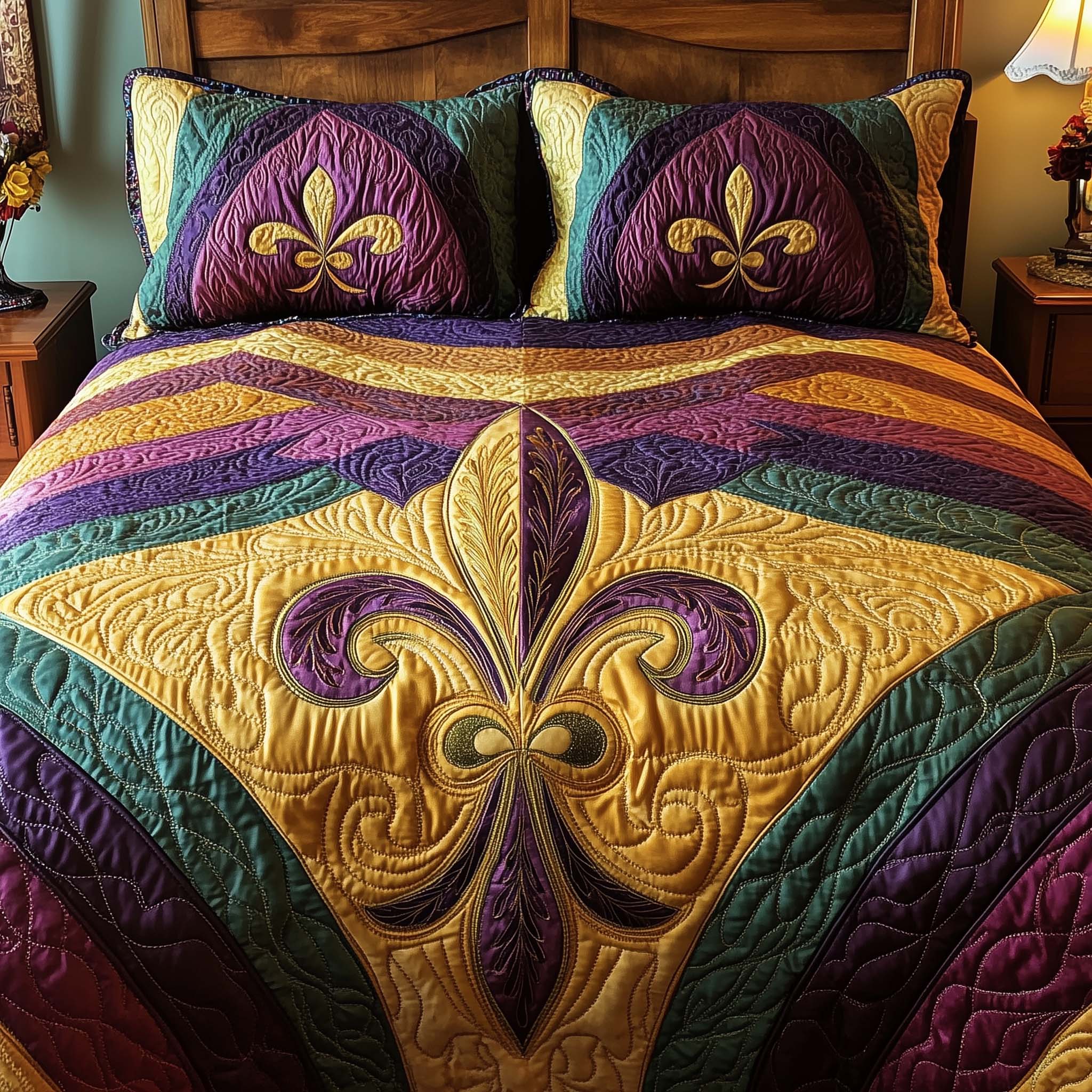Fleur De Lis Quilted Bedding Set Cover Bed Set Mardi Gras King Gifts