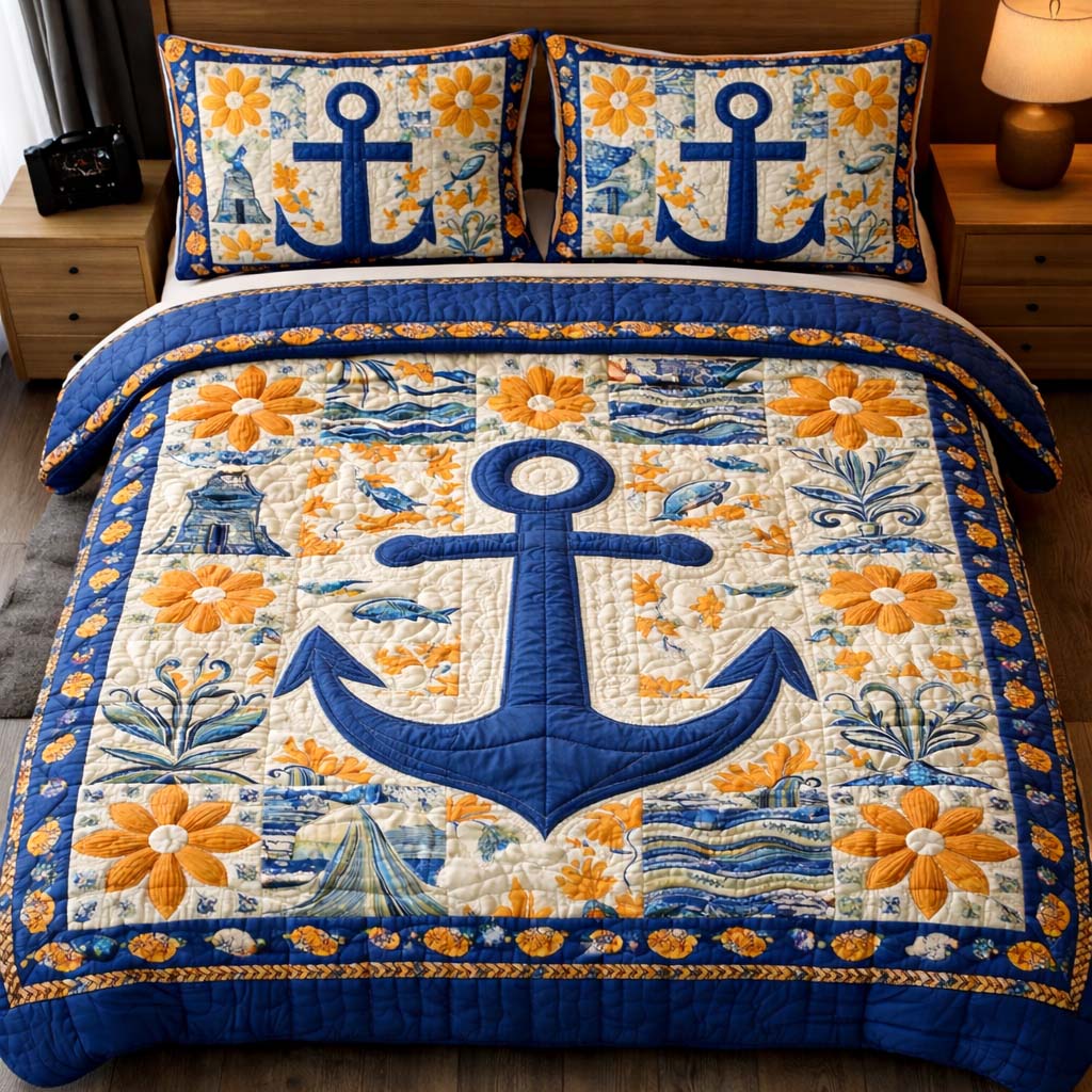 Floral Anchor Quilted Bedding Set Quilt Comforter Sets Anchor Themed Gifts