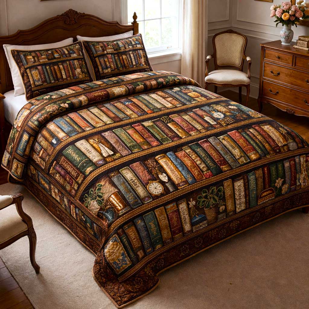 Floral Bookshelf Quilted Bedding Set Bed Bedding Set Book Themed Gifts For Husband