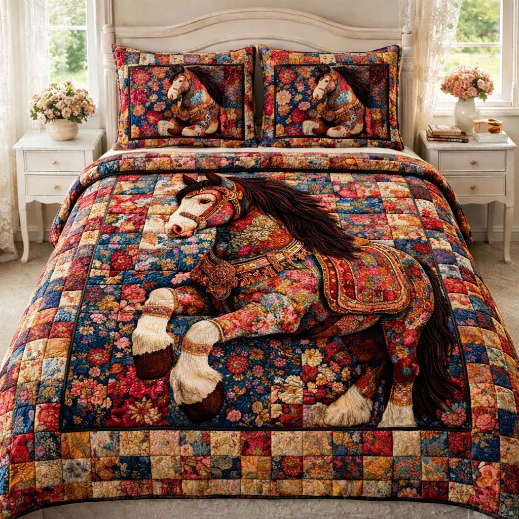 Floral Horse Quilted Bedding Set Best King Sheet Set Christmas Gifts For Horse Lovers