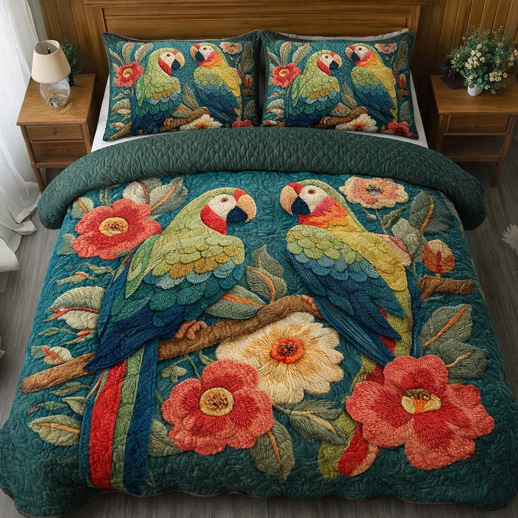Floral Parrots Quilted Bedding Set Bedroom Room Decor Gifts For Parrot Owners