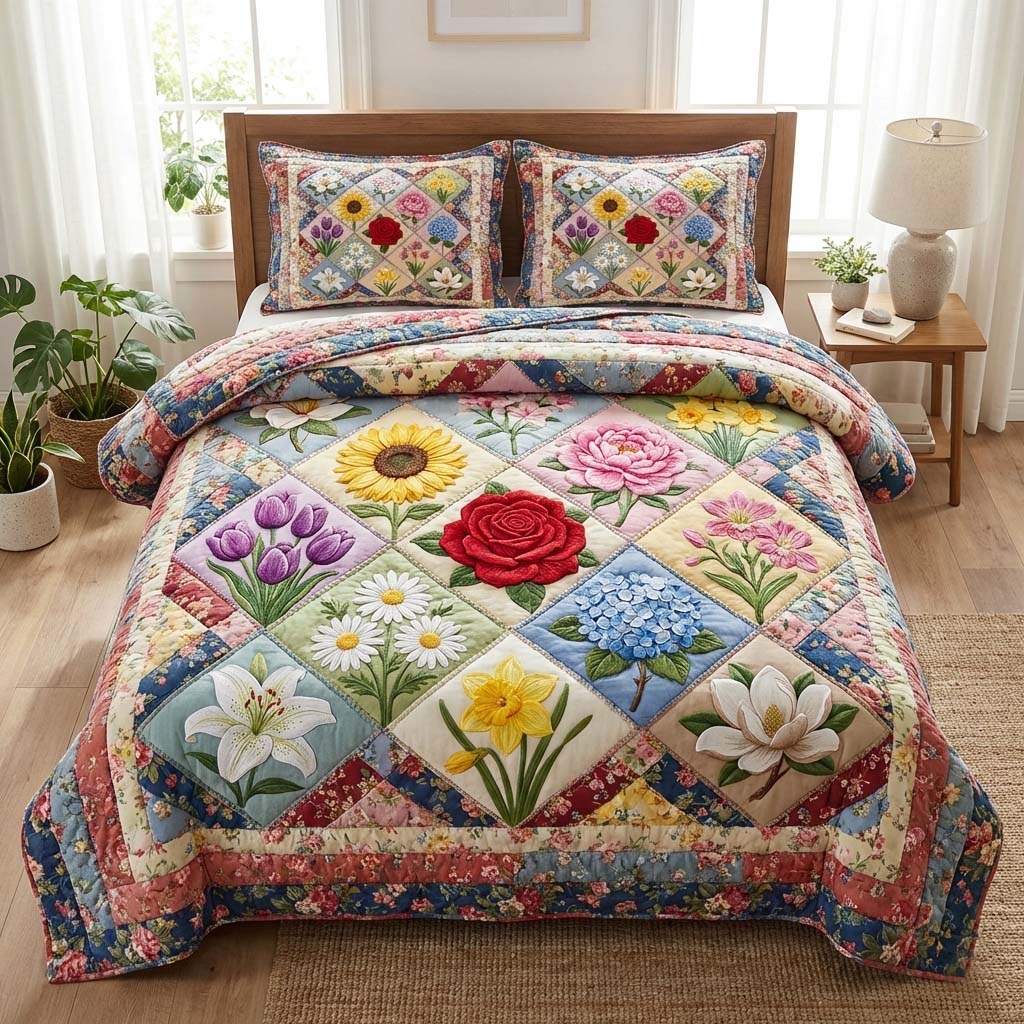 Floral Patch Quilted Bedding Set Best Queen Sheets Mother'sDay Gifts From Daughter