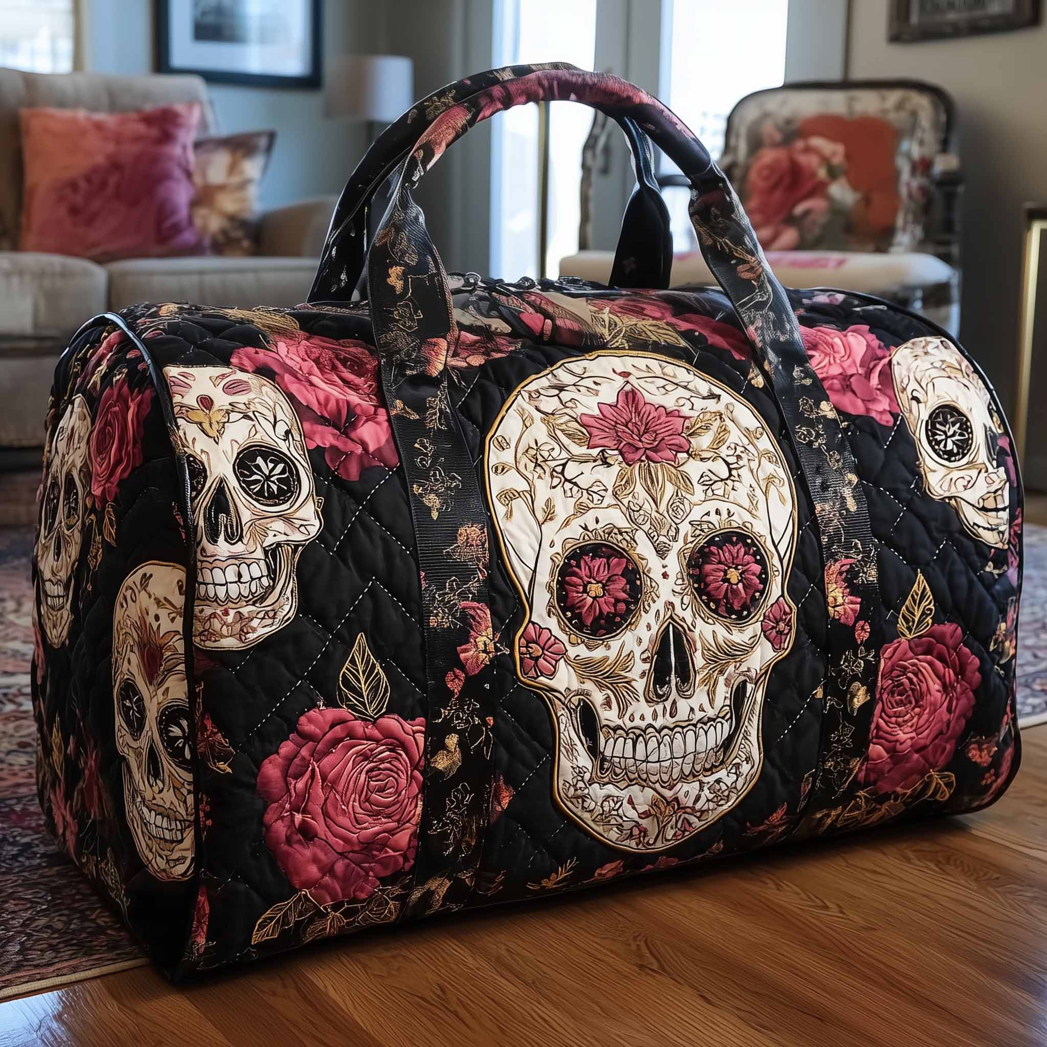 Floral Skull Quilted Duffle Bag Women's Travel Duffel Bags Good Gifts For Mom