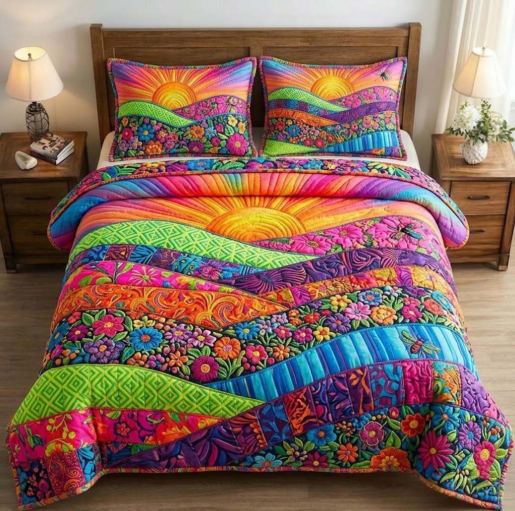 Floral Sunburst Quilted Bedding Set Bed Decor Special Birthday Gifts For Grandma