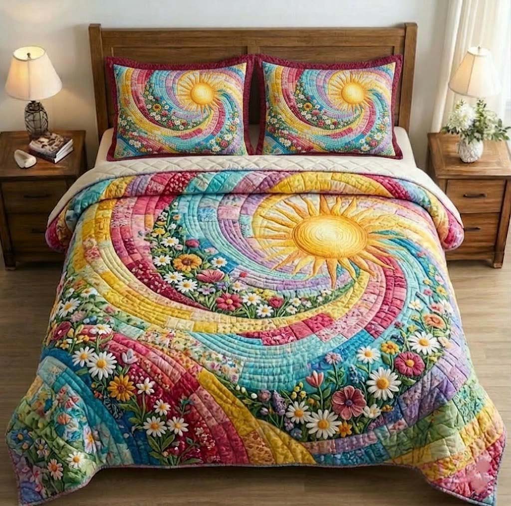 Floral Sunburst Quilted Bedding Set Bedroom Room Decor Special Birthday Gifts For Mom