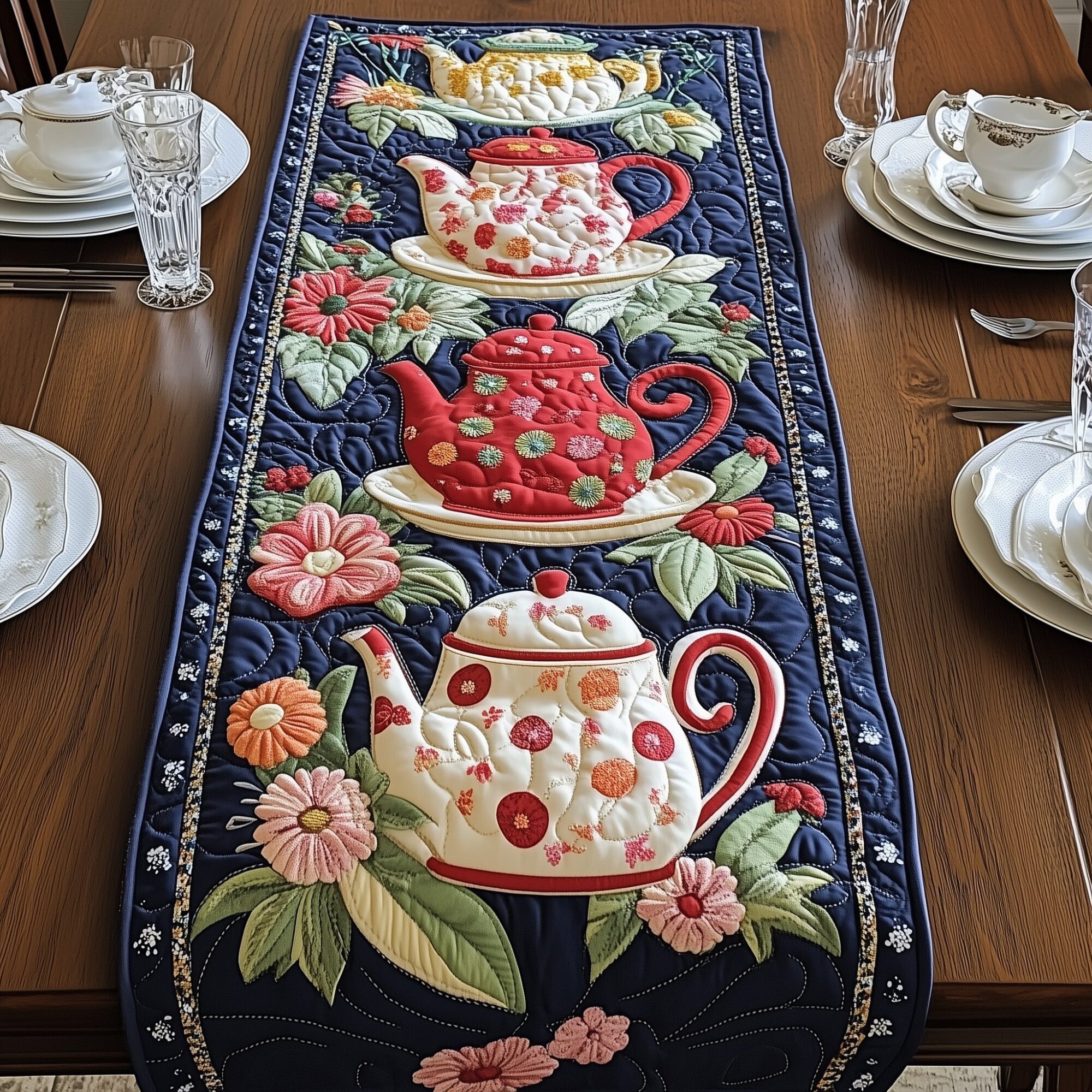 Floral Teapot Quilted Table Runner Dining Room Decor Ideas Christmas Gifts For Tea Lovers