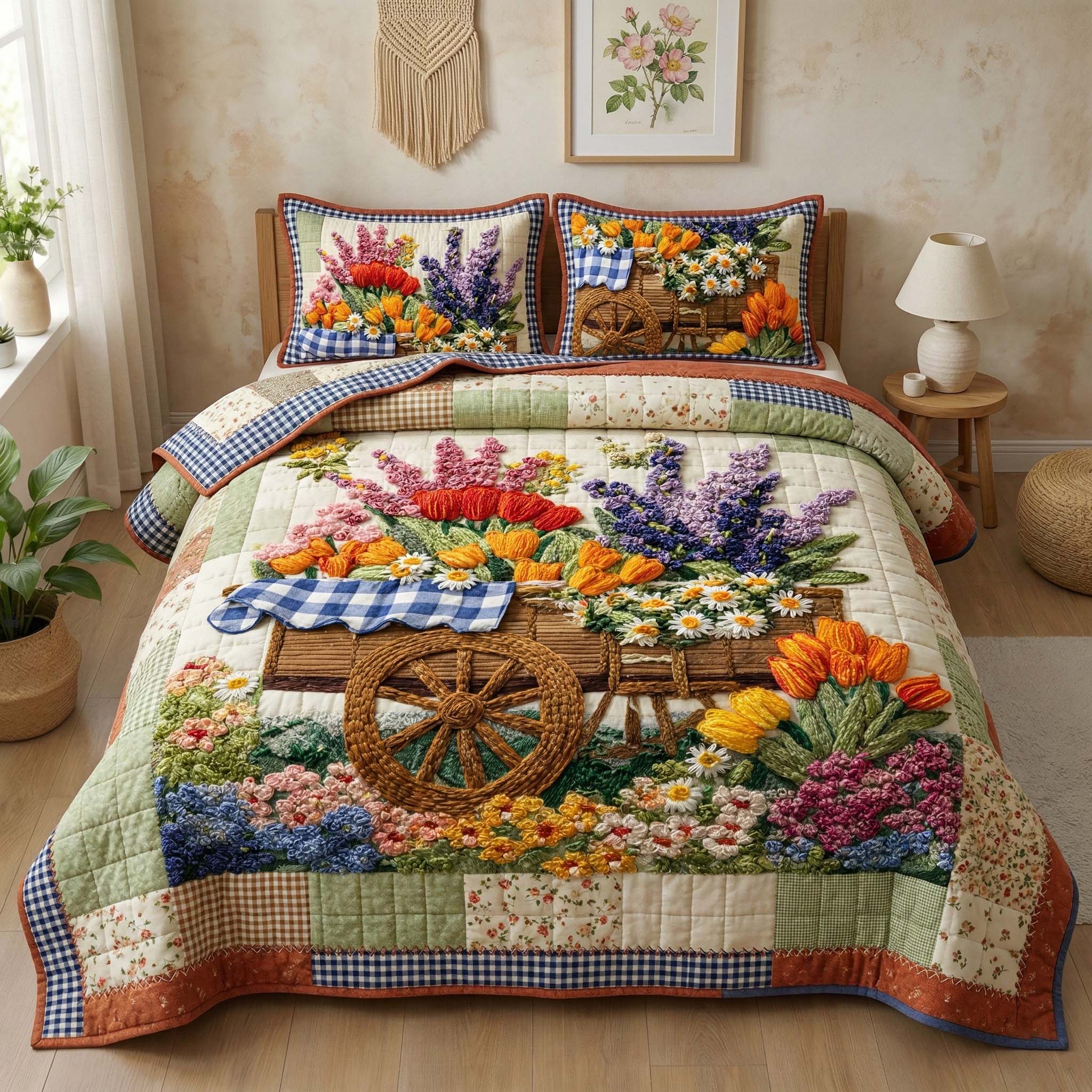 Floral Wagon Quilted Bedding Set Best King Sheets Best Gift For Mother On Mother's Day