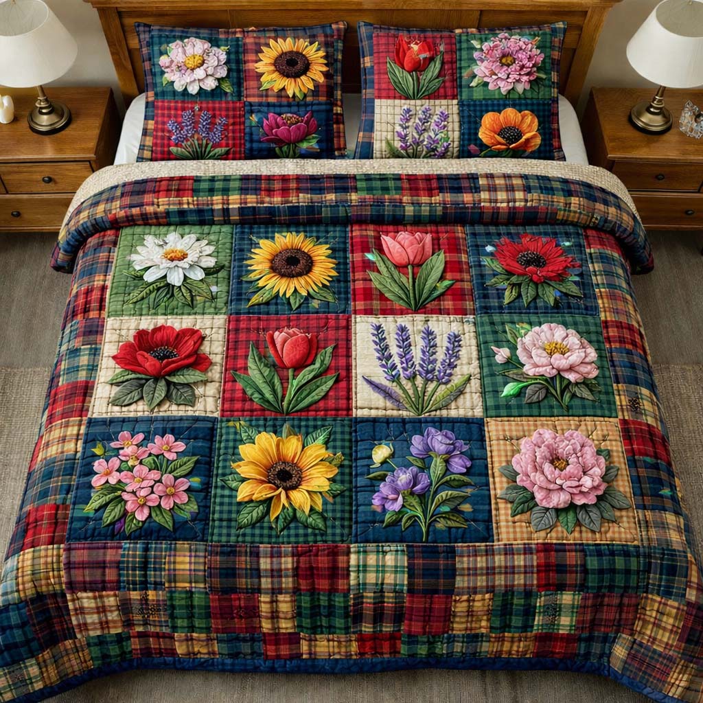 Flowers Patchwork Quilted Bedding Set Best Bedding Sets Mother's Day Presents For Grandma