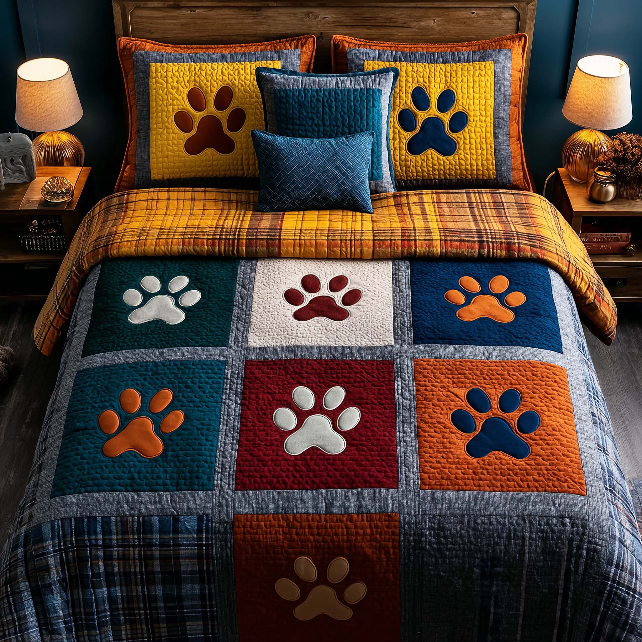 Fluffy Paws Quilted Bedding Set Boho Bedroom Decor Gifts For Dog Owners