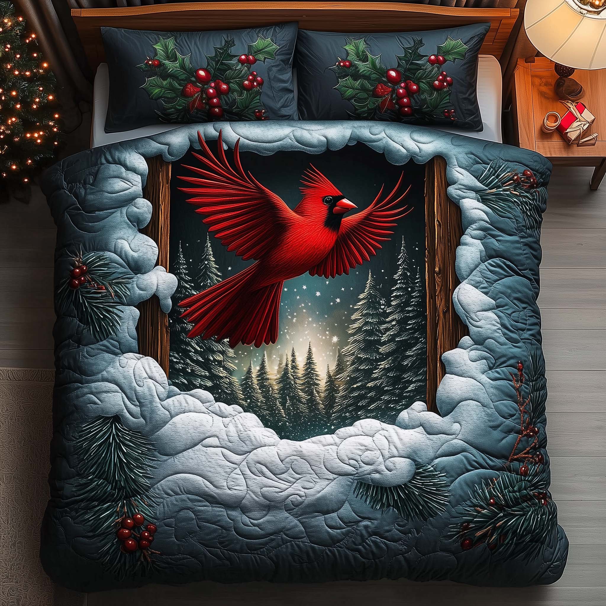 Flying Cardinal Quilted Bedding Set Xmas Comforter Sets Cardinal Gifts For Men