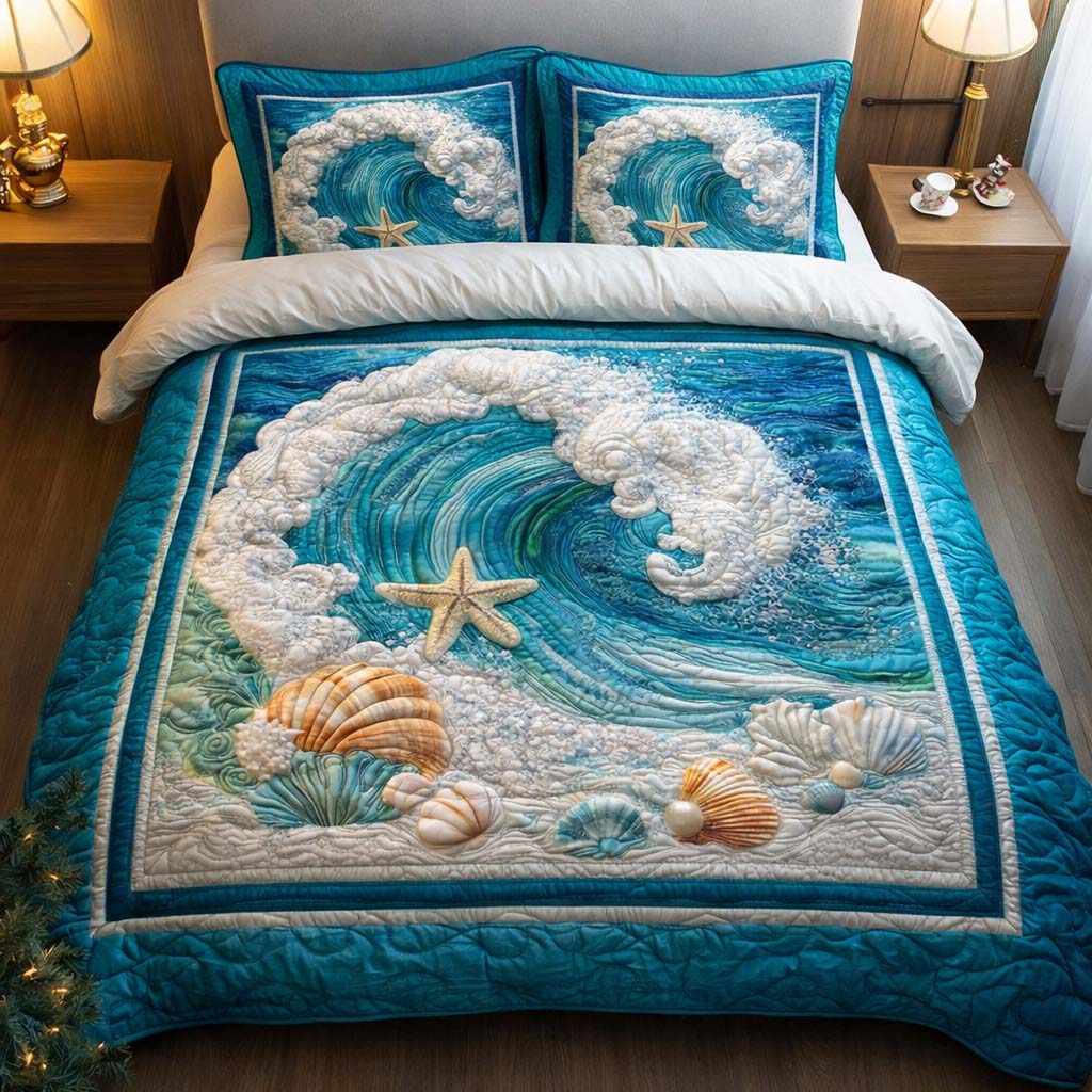 Foamy Wave Quilted Bedding Set Bedspread Quilts Best Gifts For The Beach Lover