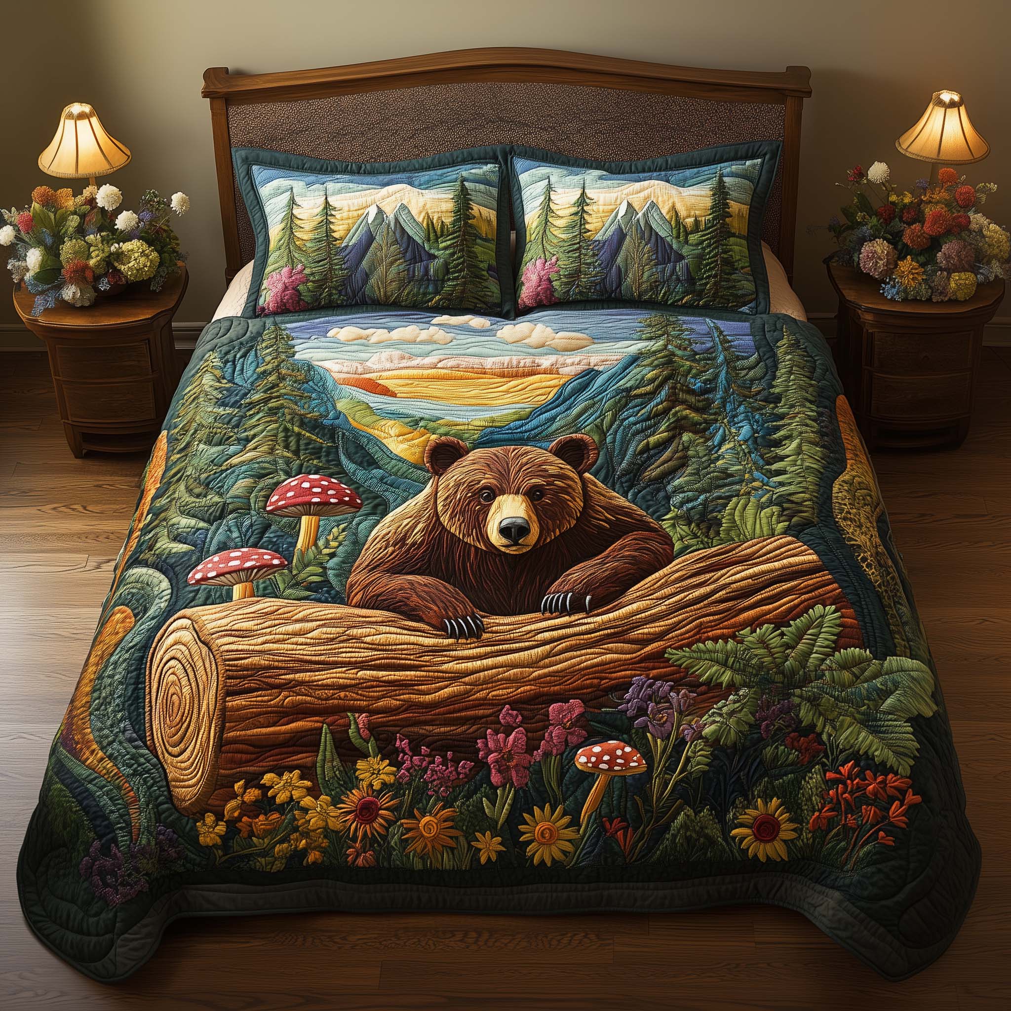 Forest Bear Quilted Bedding Set Best Bedsheets Best Unique Gifts For Bear Lovers
