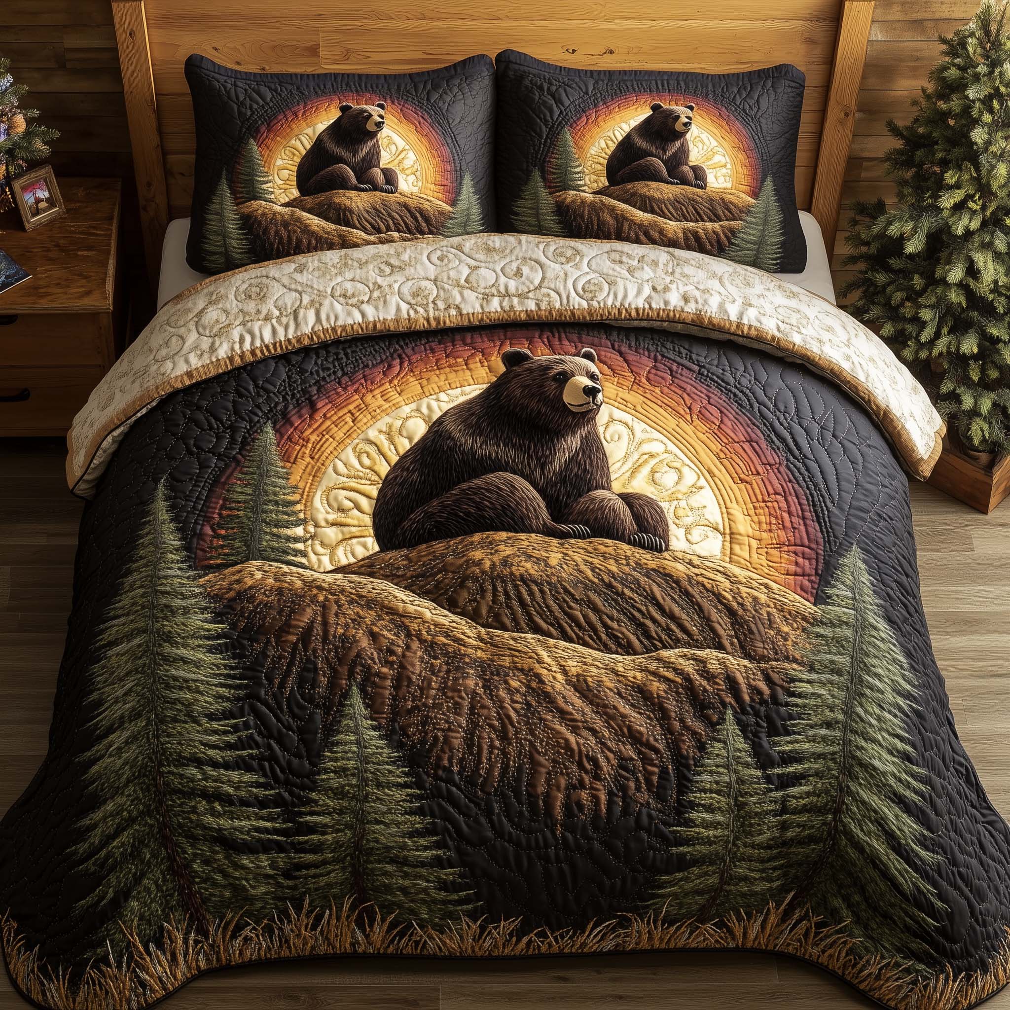 Forest Bear Quilted Bedding Set Best Fitted Sheets Best Gifts For Bear Lovers Men