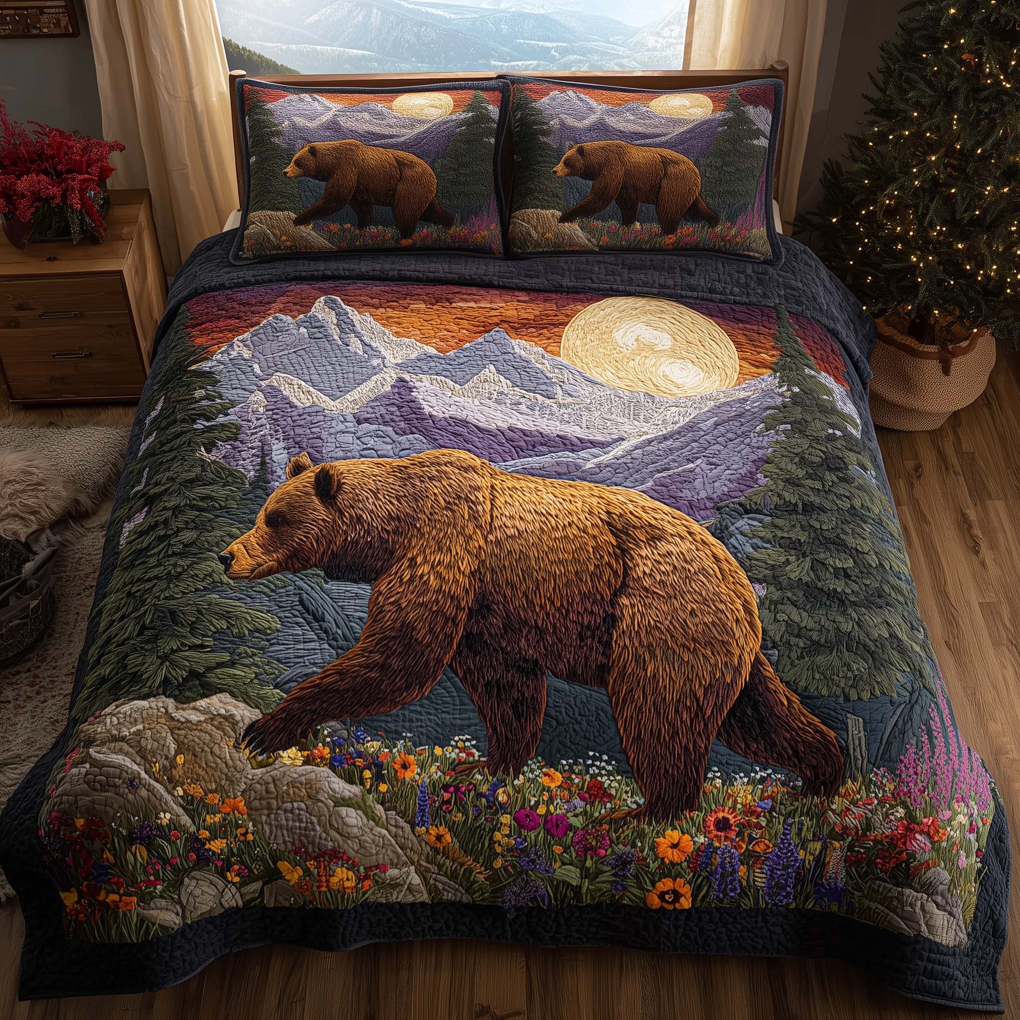 Forest Bear Quilted Bedding Set Best King Sheets Bear Lovers Gifts For Him