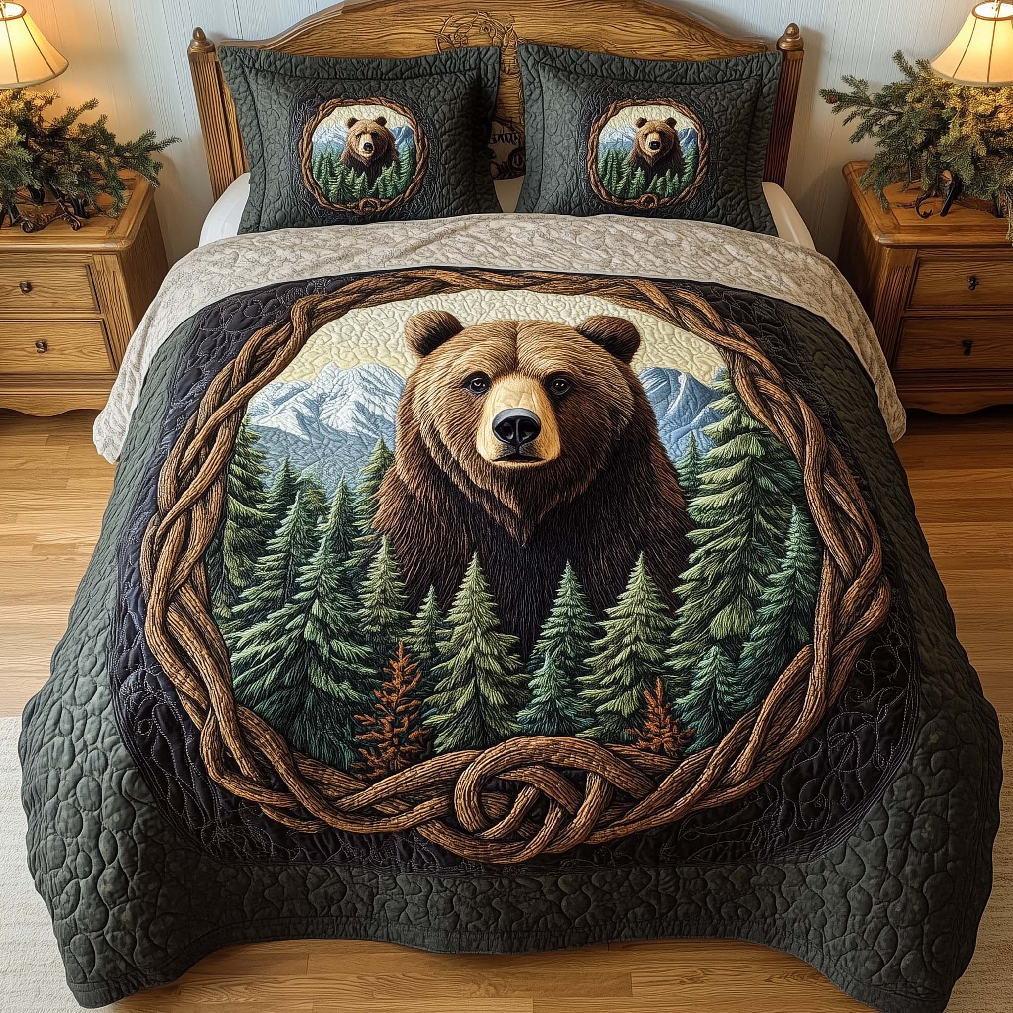 Forest Bear Quilted Bedding Set Best Queen Sheets Bear Mother's Day Gifts