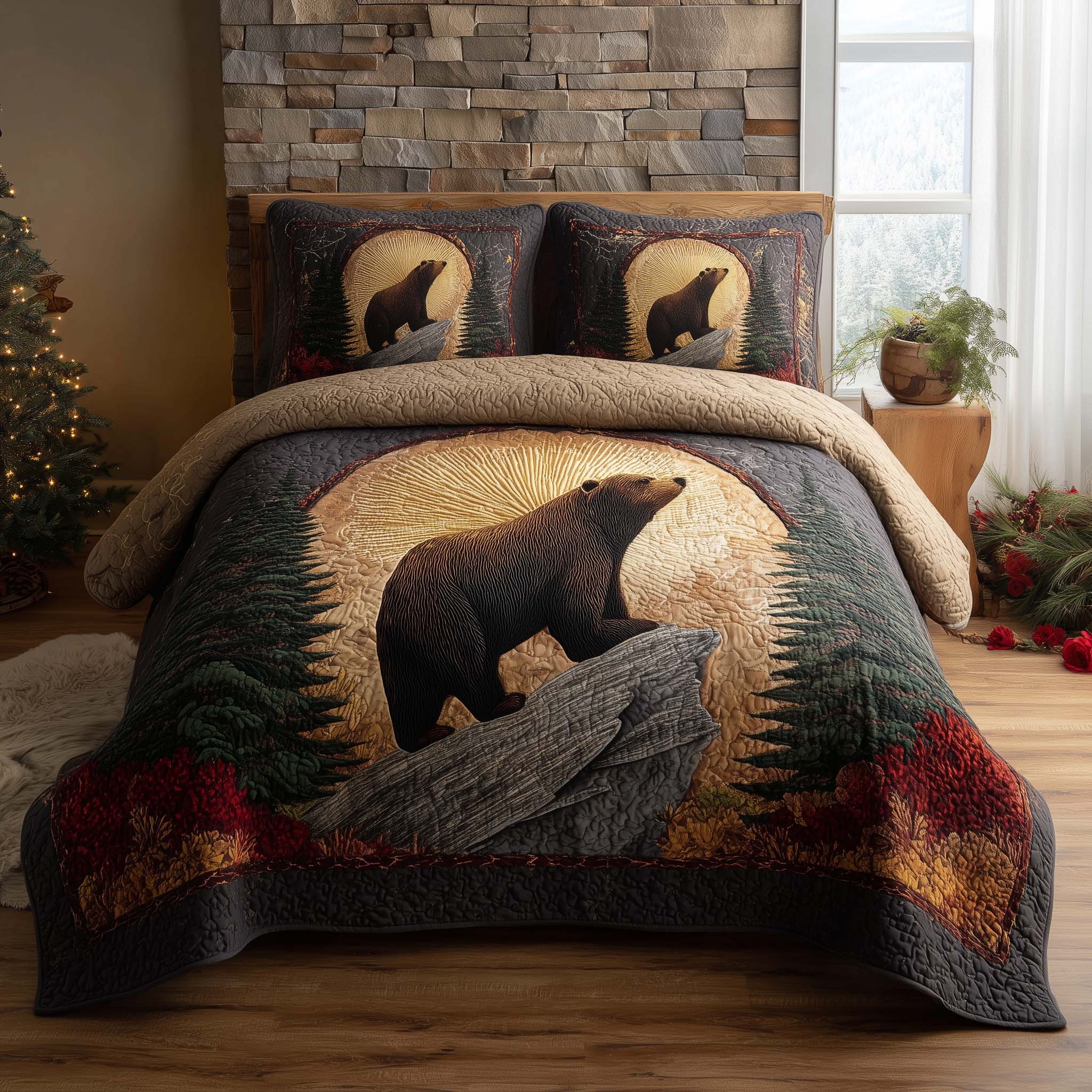 Forest Bear Quilted Bedding Set Unusual Bed Sheets Cute Bear Themed Presents
