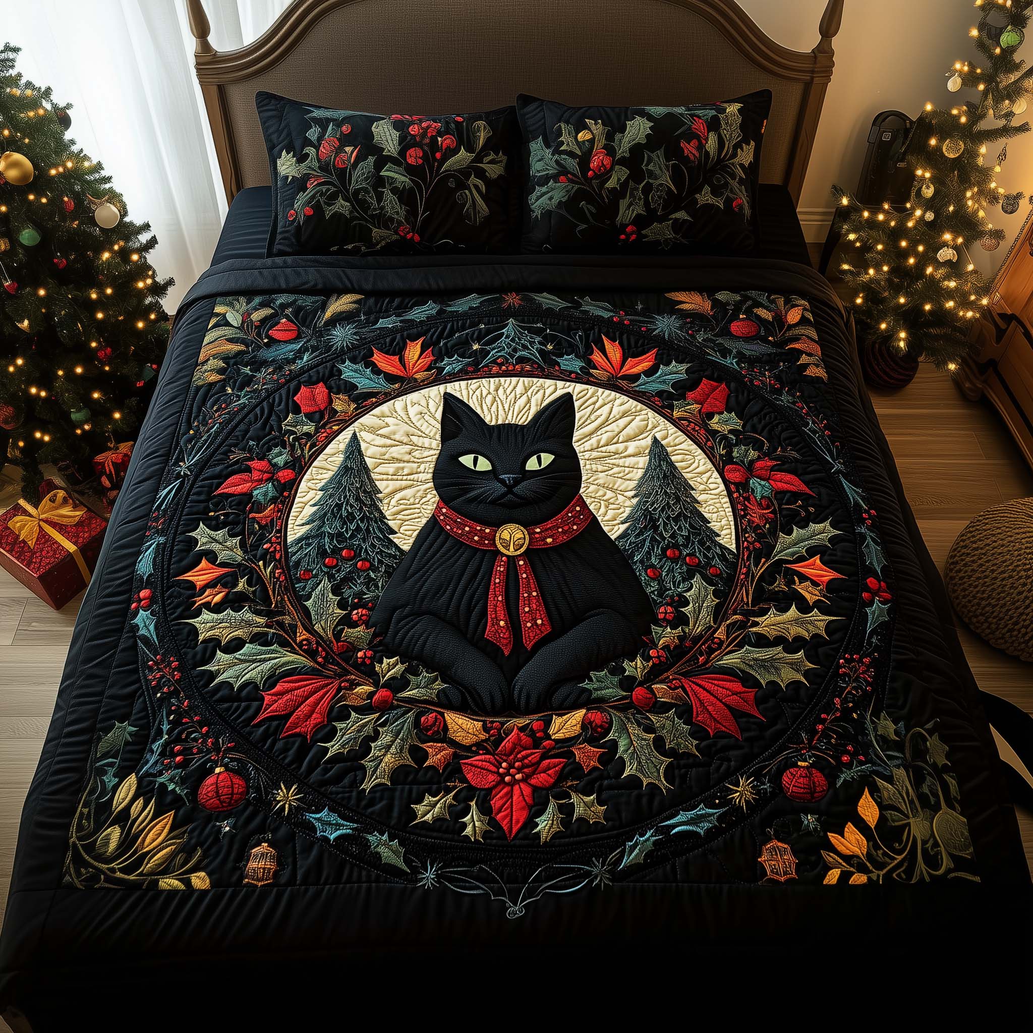 Forest Cat Quilted Bedding Set Christmas Duvet Set Cat And Owner Gifts
