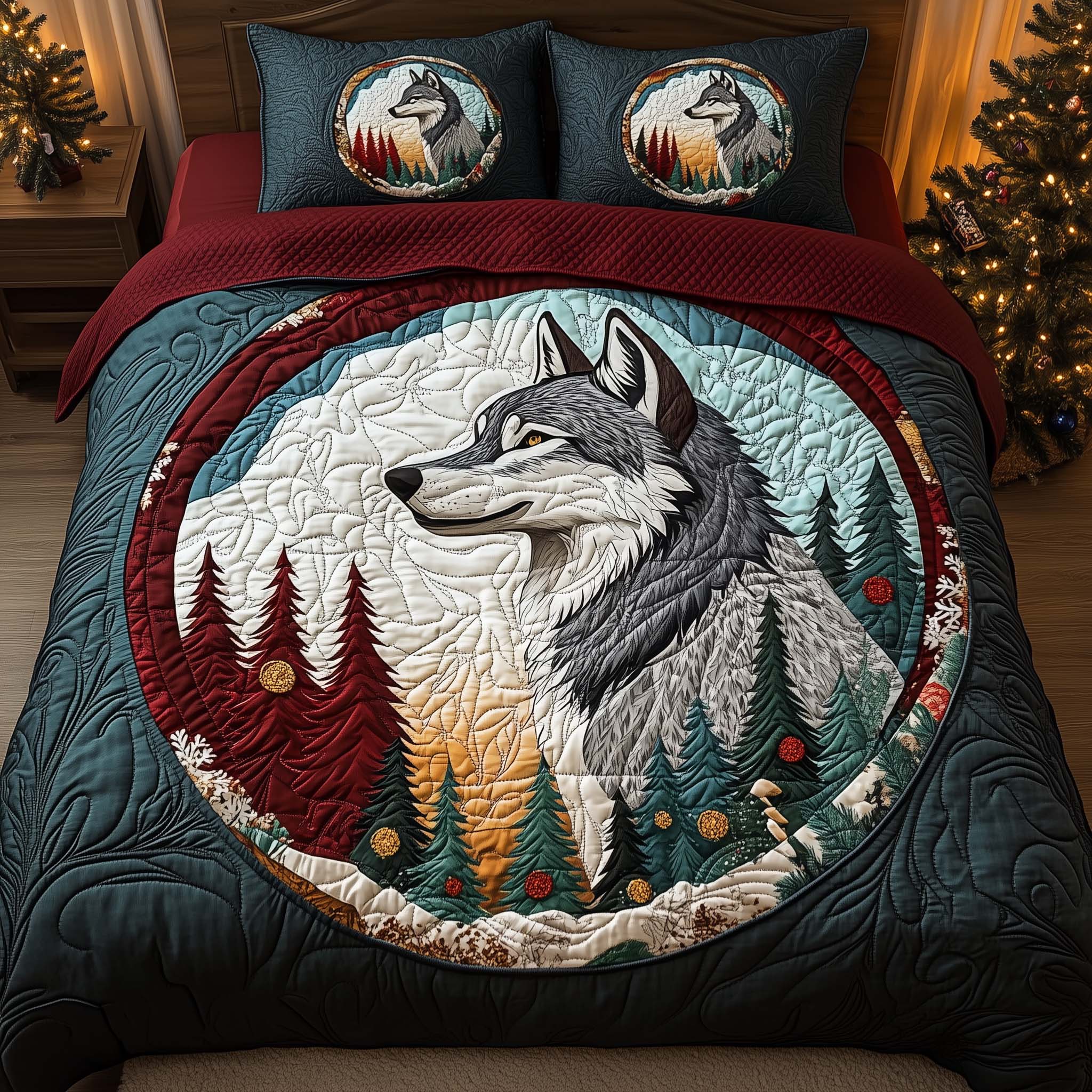Forest Crest Quilted Bedding Set Christmas Comforter Queen Wolf Gifts For Him