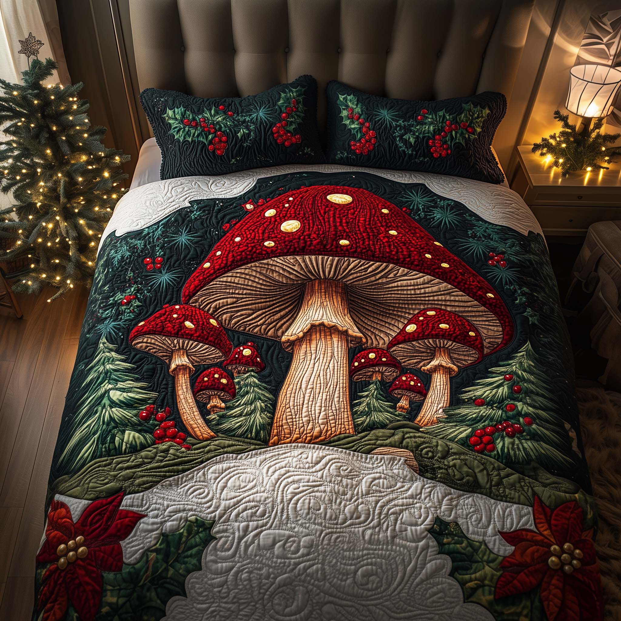 Forest Shrooms Quilted Bedding Set Xmas Bedspreads Mushroom Related Gifts