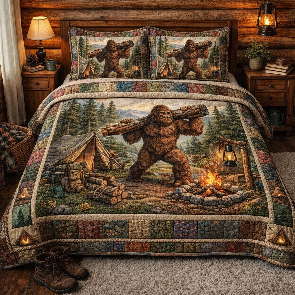 Forest Squatch Quilted Bedding Set Best Queen Sheets Bigfoot Gift Items