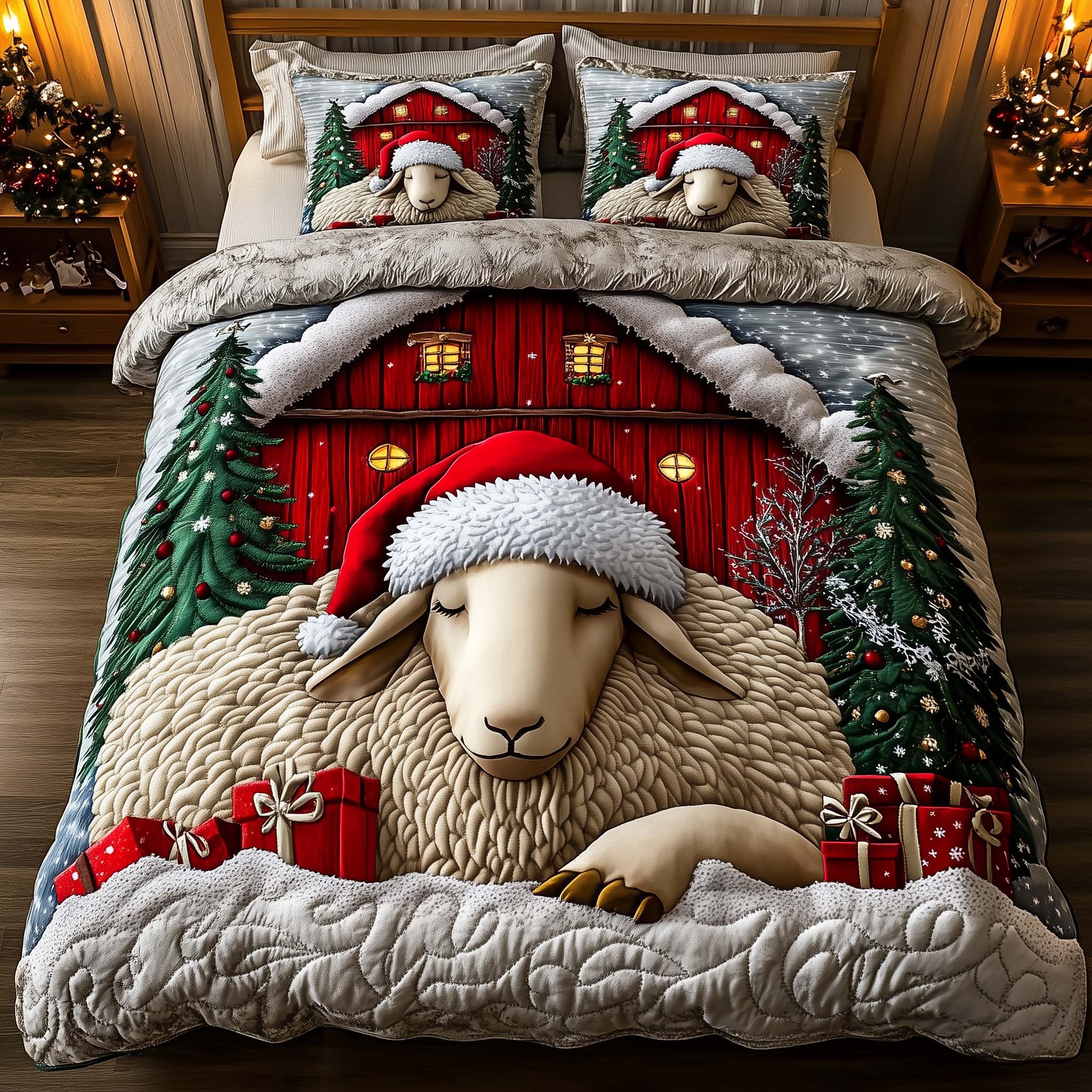 Frosted Homestead Quilted Bedding Set Xmas Bedroom Gifts For Sheep Lovers