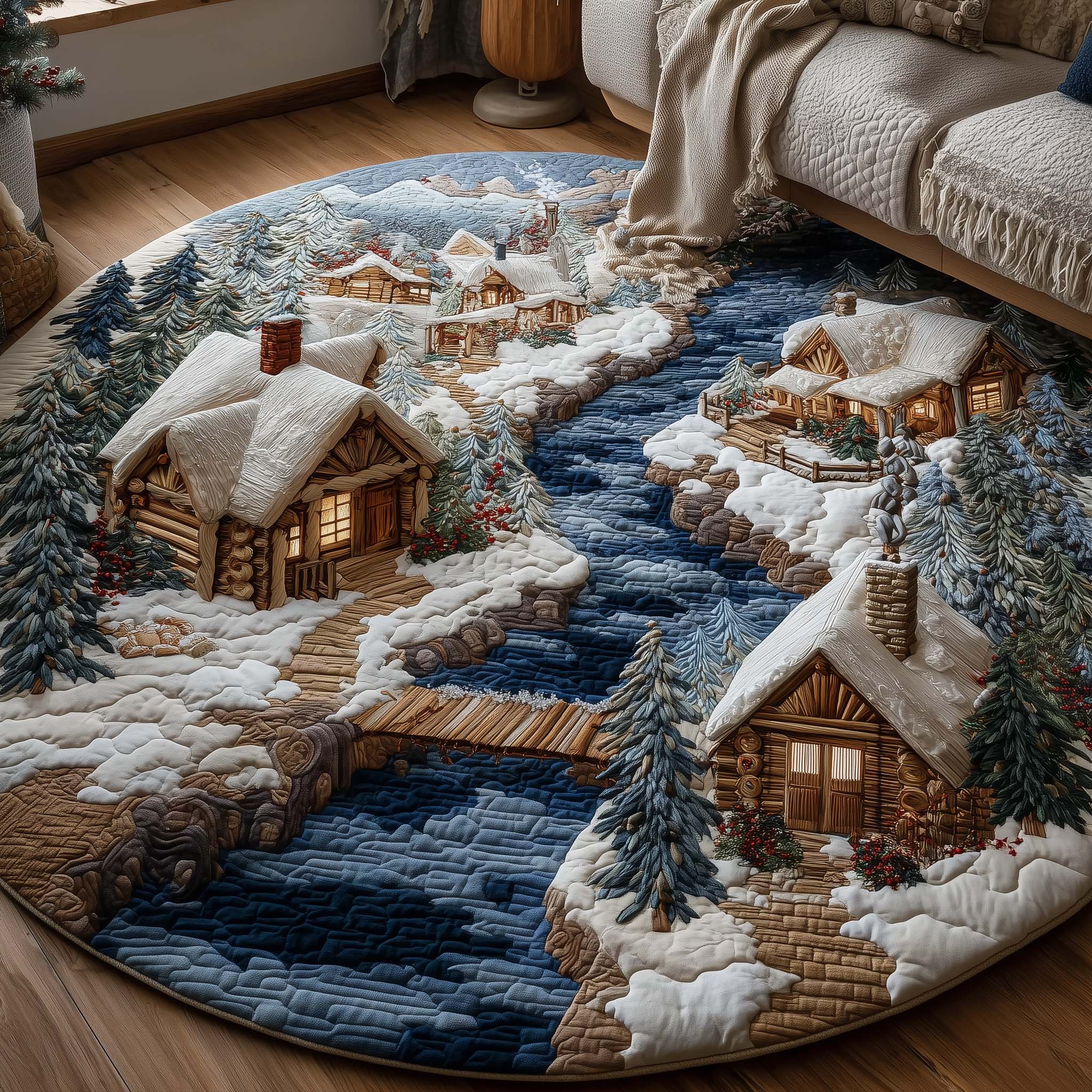 Frosted Townscape Quilted Round Mat Eco-Friendly Quilted Round Mat for Sustainable Living