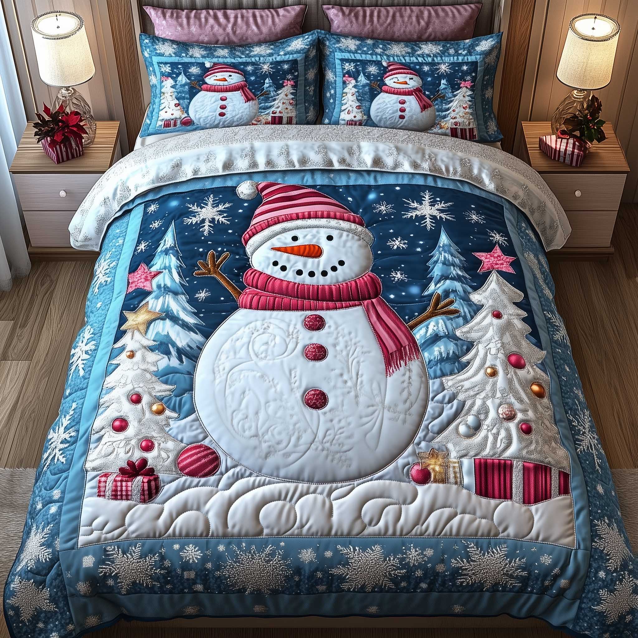 Frosty Friends Quilted Bedding Set Holiday Bedroom Decor Christmas Gift Ideas For Her