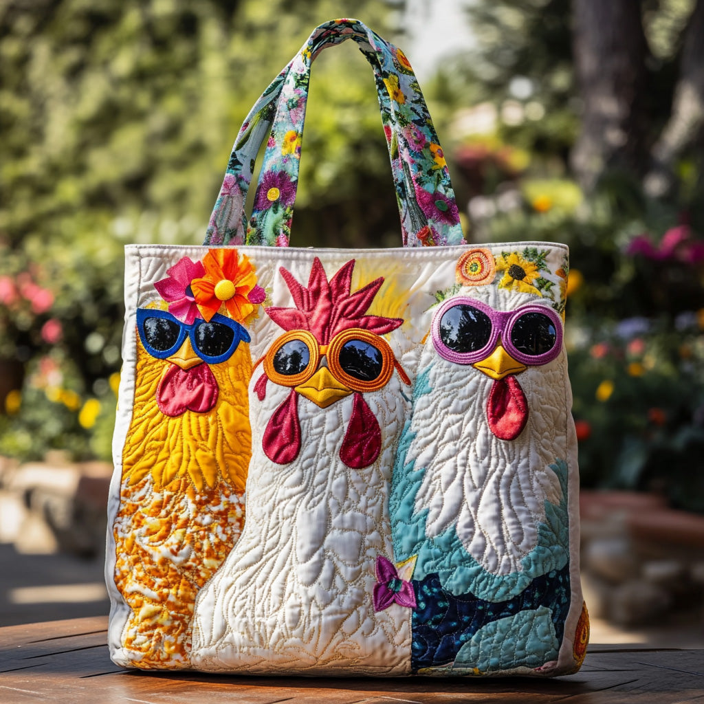 Funky Flock Quilted Tote Bag Shoulder Bag Gifts With Chickens On Them