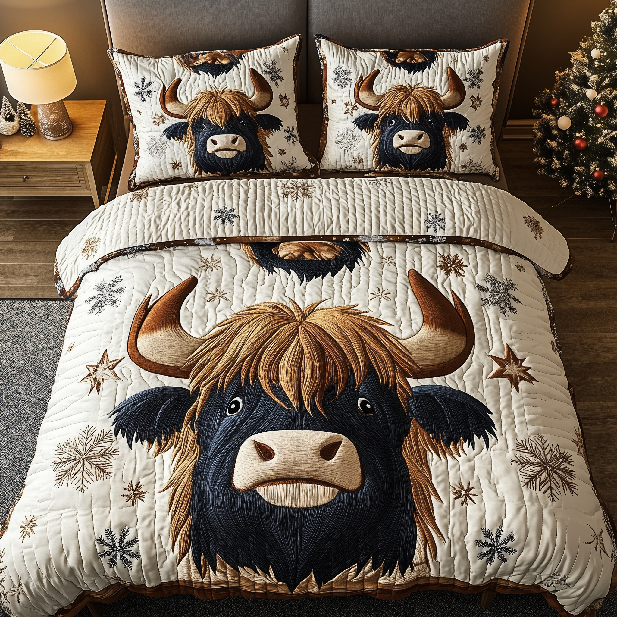 Funky Highland Cow Quilted Bedding Set Cozy Christmas Bedrooms Gifts For Mum Christmas