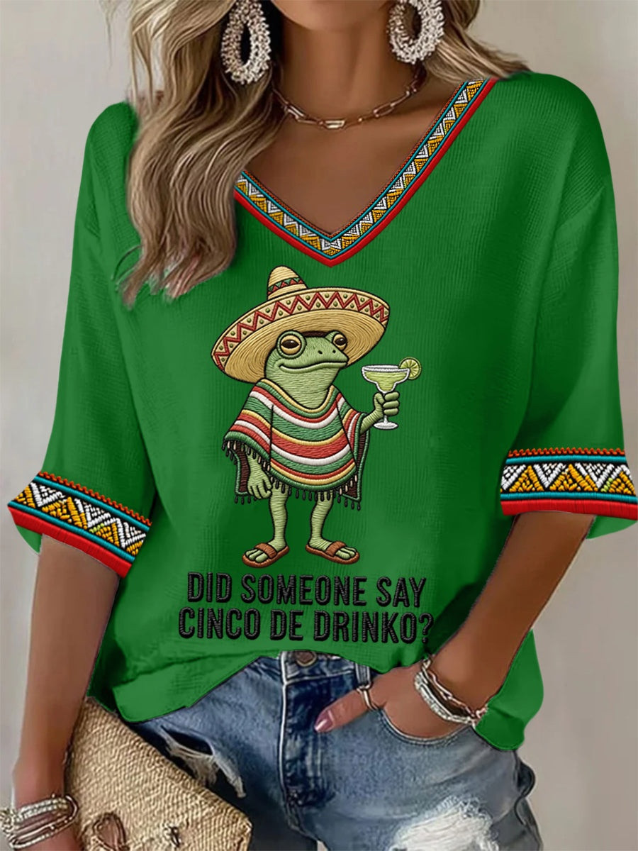 Funny Frog Cinco De Mayo Long Sleeeve V-Neck Shirt Womens Mexican Fiesta Party Merch - Image 2