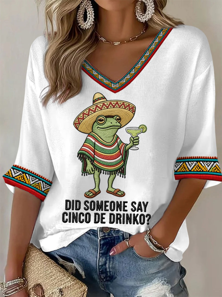 Funny Frog Cinco De Mayo Long Sleeeve V-Neck Shirt Womens Mexican Fiesta Party Merch