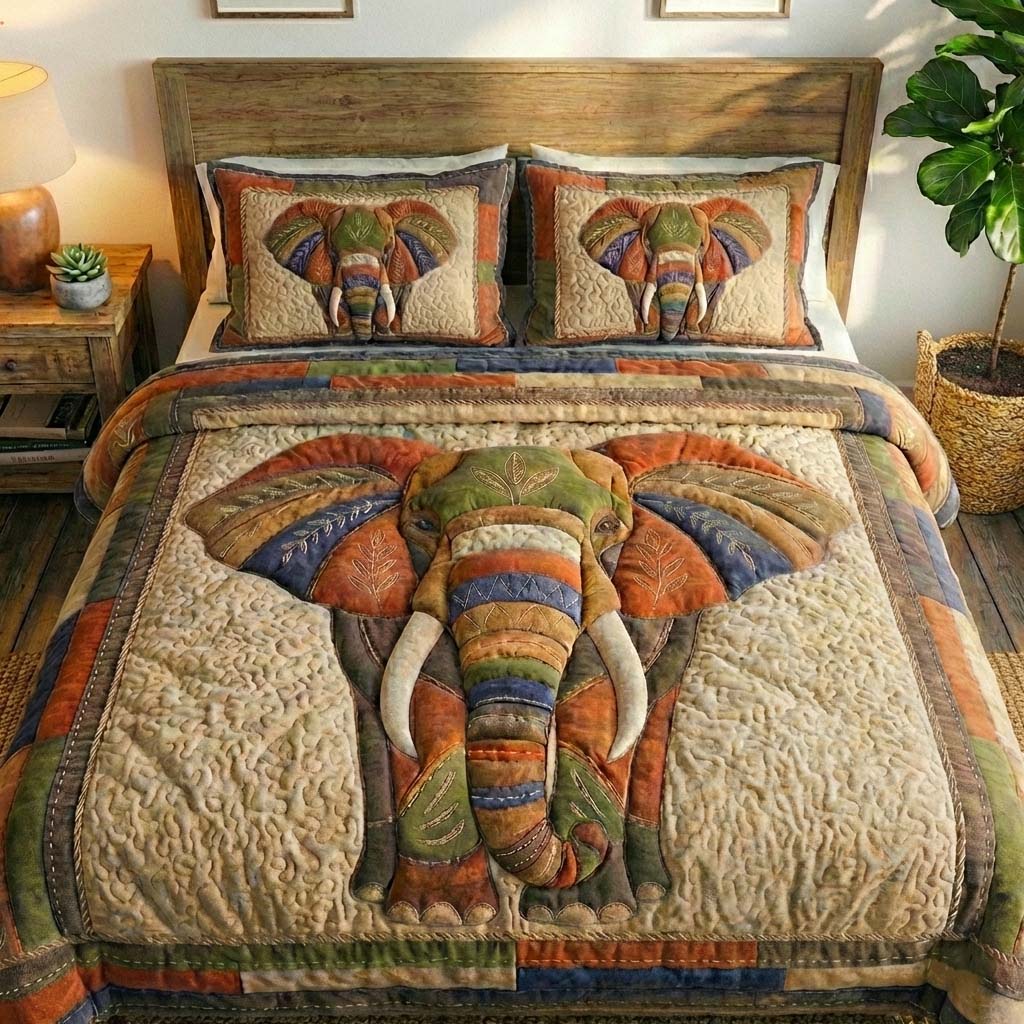 Gentle Jumbo Quilted Bedding Set Bed Bedding Set Elephant Lover Gift