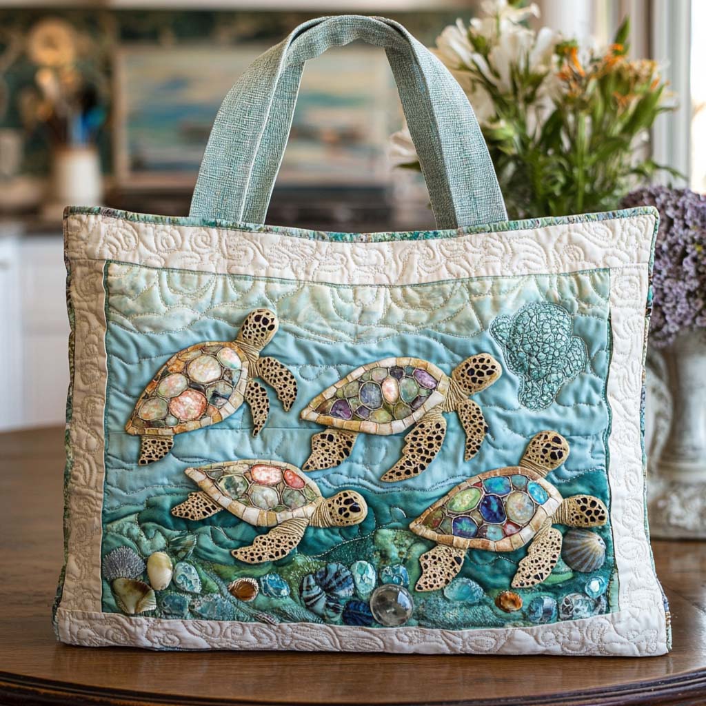 Gentle Turtle Waves Quilted Tote Bag Tote Bags For Women Sea Turtle Stuff