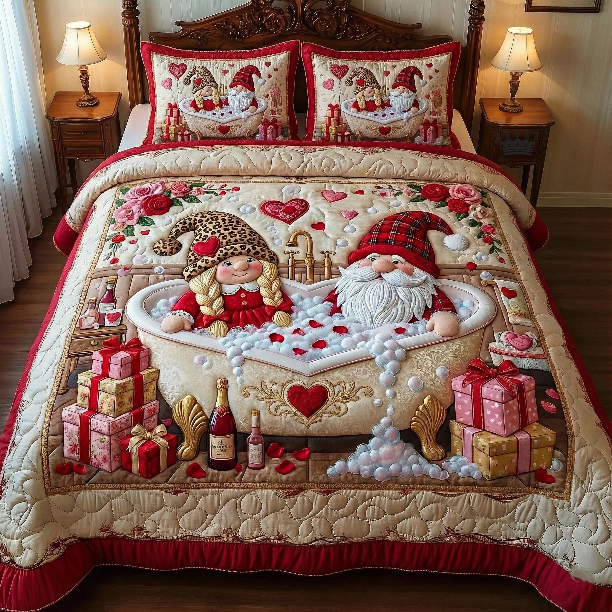 Gnome Sweethearts Quilted Bedding Set Bedroom Decor Ideas Gift Items For Wedding Couple