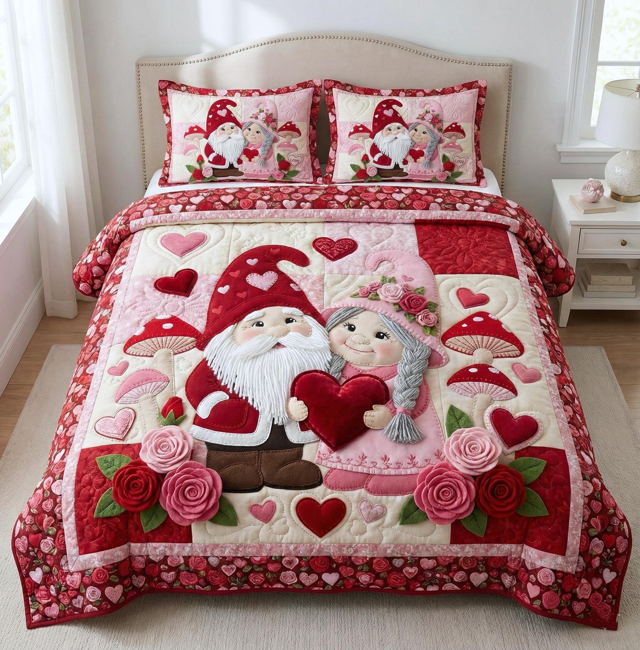 Gnome Sweethearts Quilted Bedding Set Bedsheet Comforter Set Wedding Presents For Couples