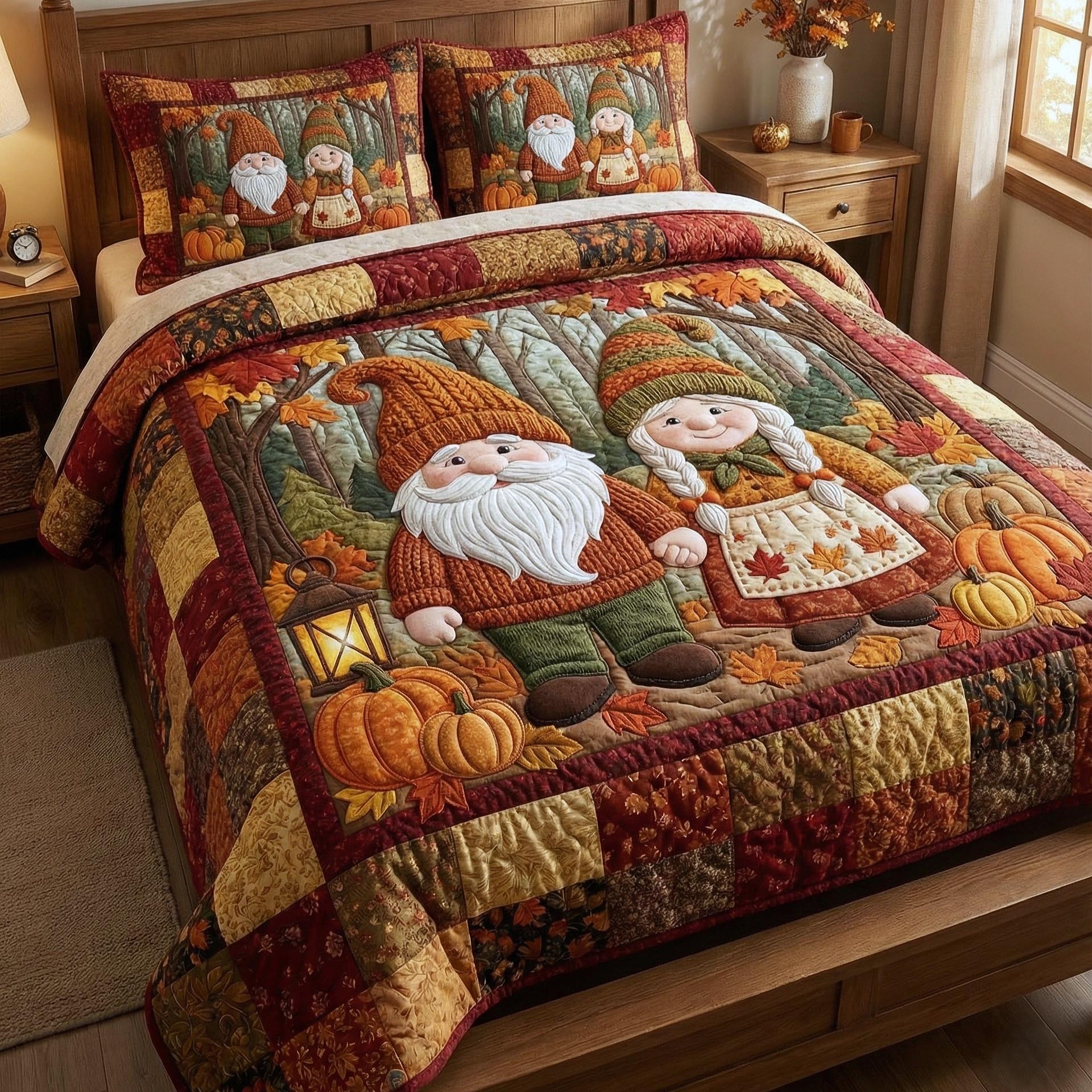 Gnome Sweethearts Quilted Bedding Set Cover Bed Set Fall Autumn Gifts For Her