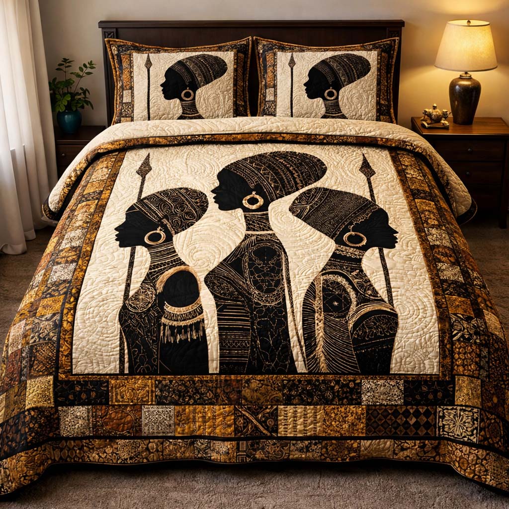 Golden Ancestral Spirits Quilted Bedding Set Cozy Bedroom Ideas Melanin Gifts For Black Women
