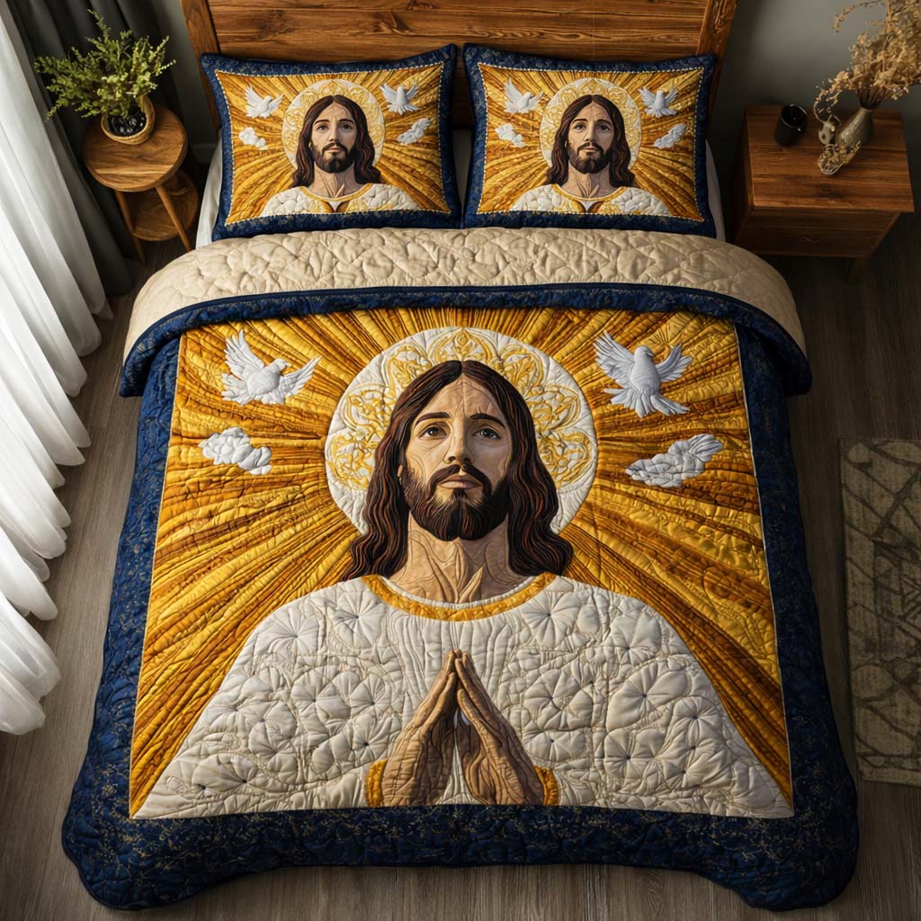 Golden Ascension Quilted Bedding Set Queen Bed Set Religious Gifts For Men
