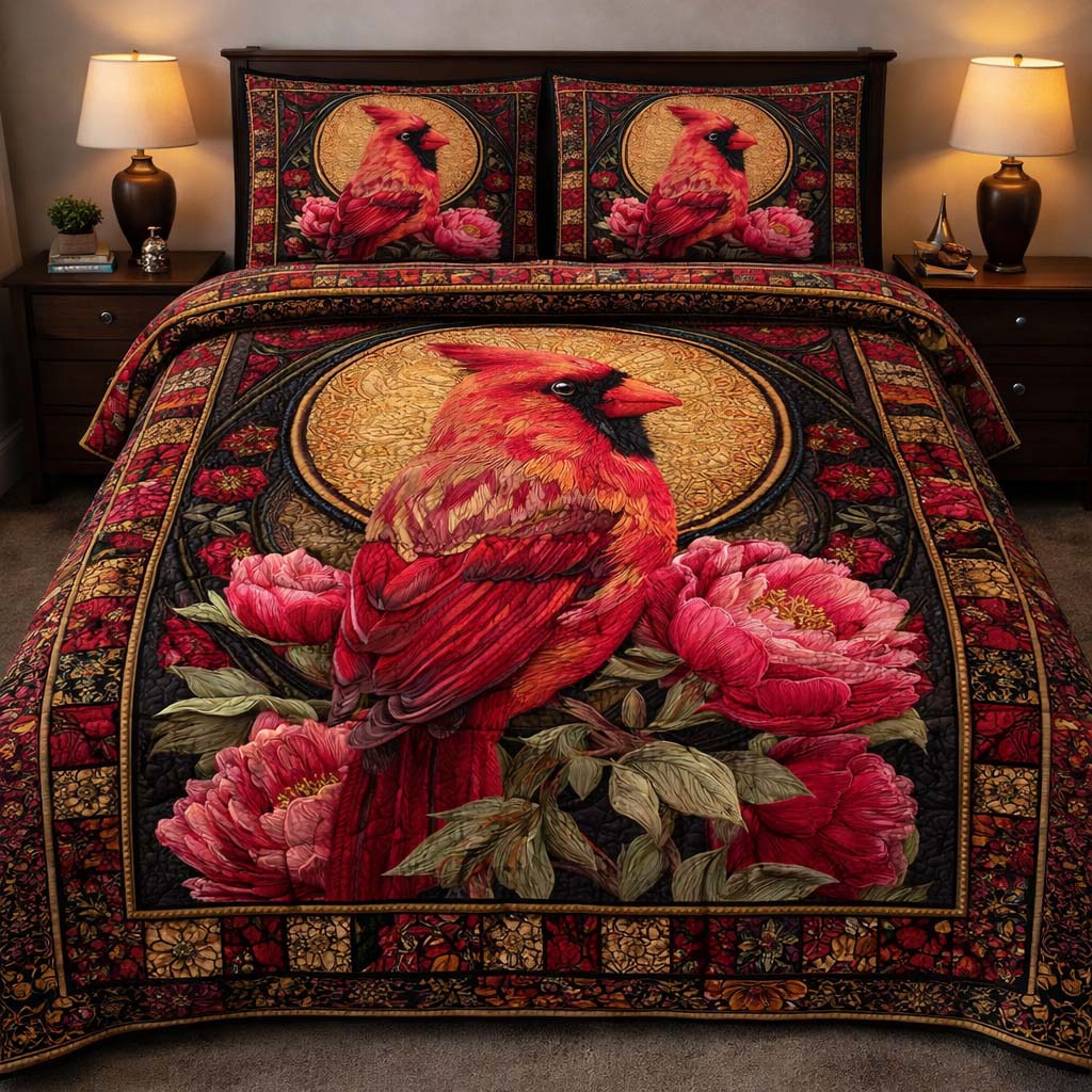 Golden Cardinal Majesty Quilted Bedding Set Good Bed Sheet Sets Red Cardinal Memorial Gift