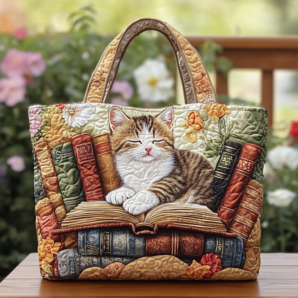 Golden Cat Quilted Tote Bag Travel Shoulder Bag Items For Cat Lovers