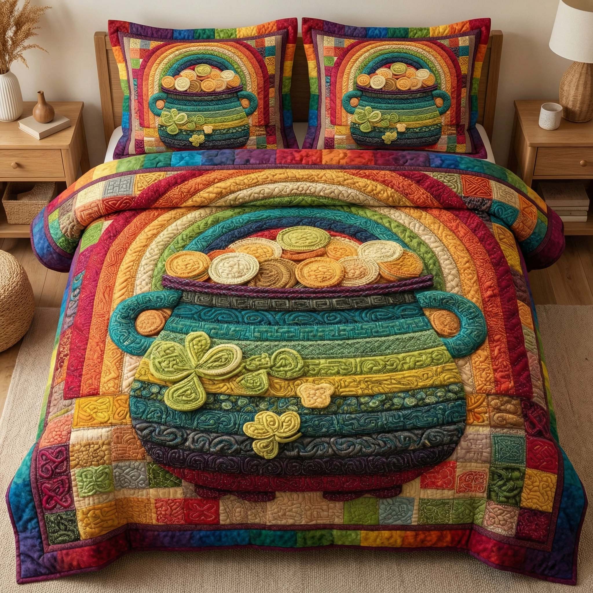 Golden Cauldron Quilted Bedding Set Bedroom Decorations St Paddy's Day Gifts