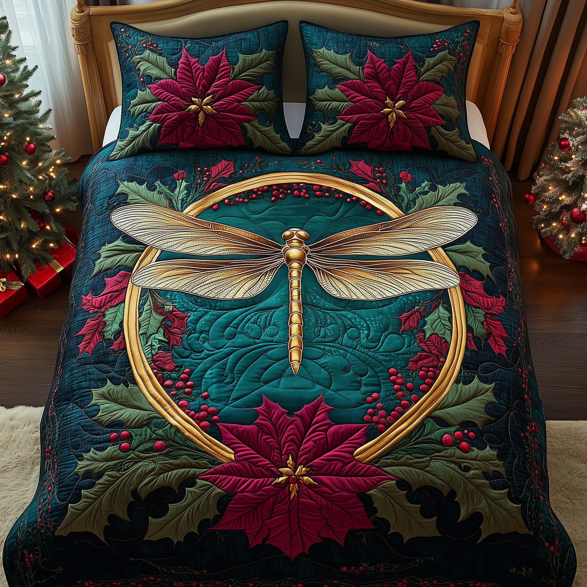 Golden Dragonfly Quilted Bedding Set Bed Christmas Decor Novelty Dragonfly Gifts