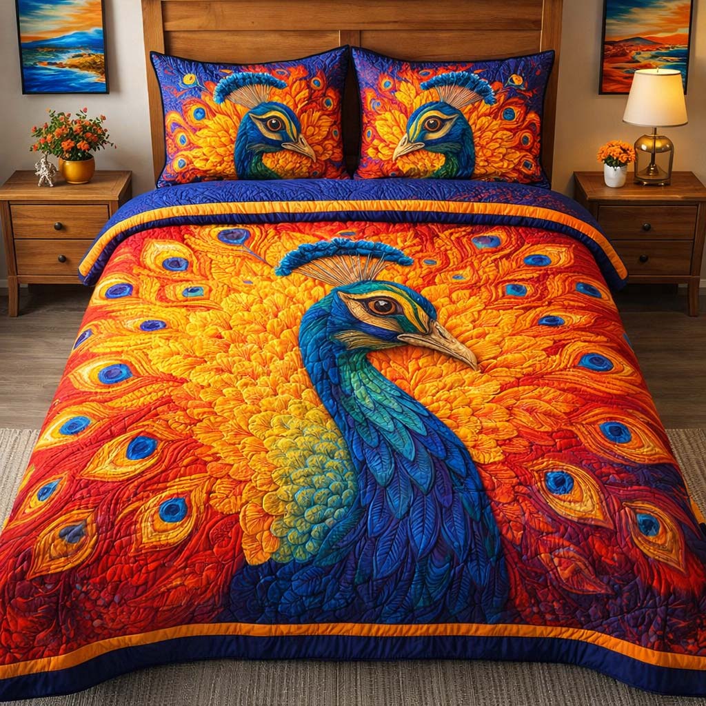 Golden Ember Peacock Quilted Bedding Set Good Bed Sets Mardi Gras King And Queen Gifts