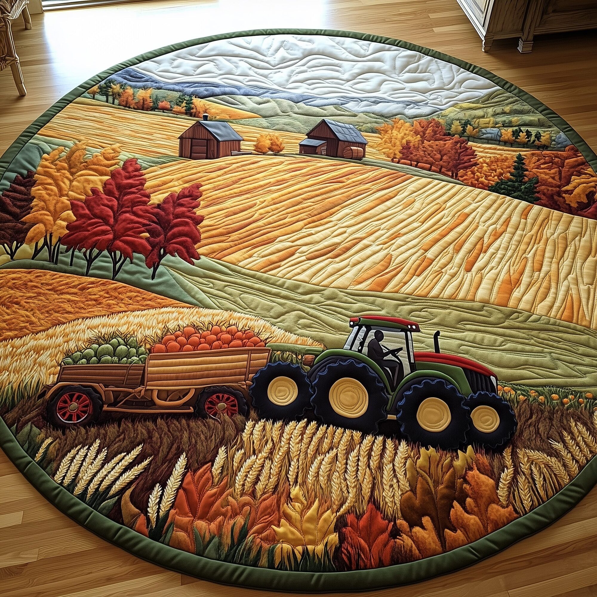 Golden Farm Fields Quilted Round Mat Soft Cotton Quilted Round Mat for Daily Comfort