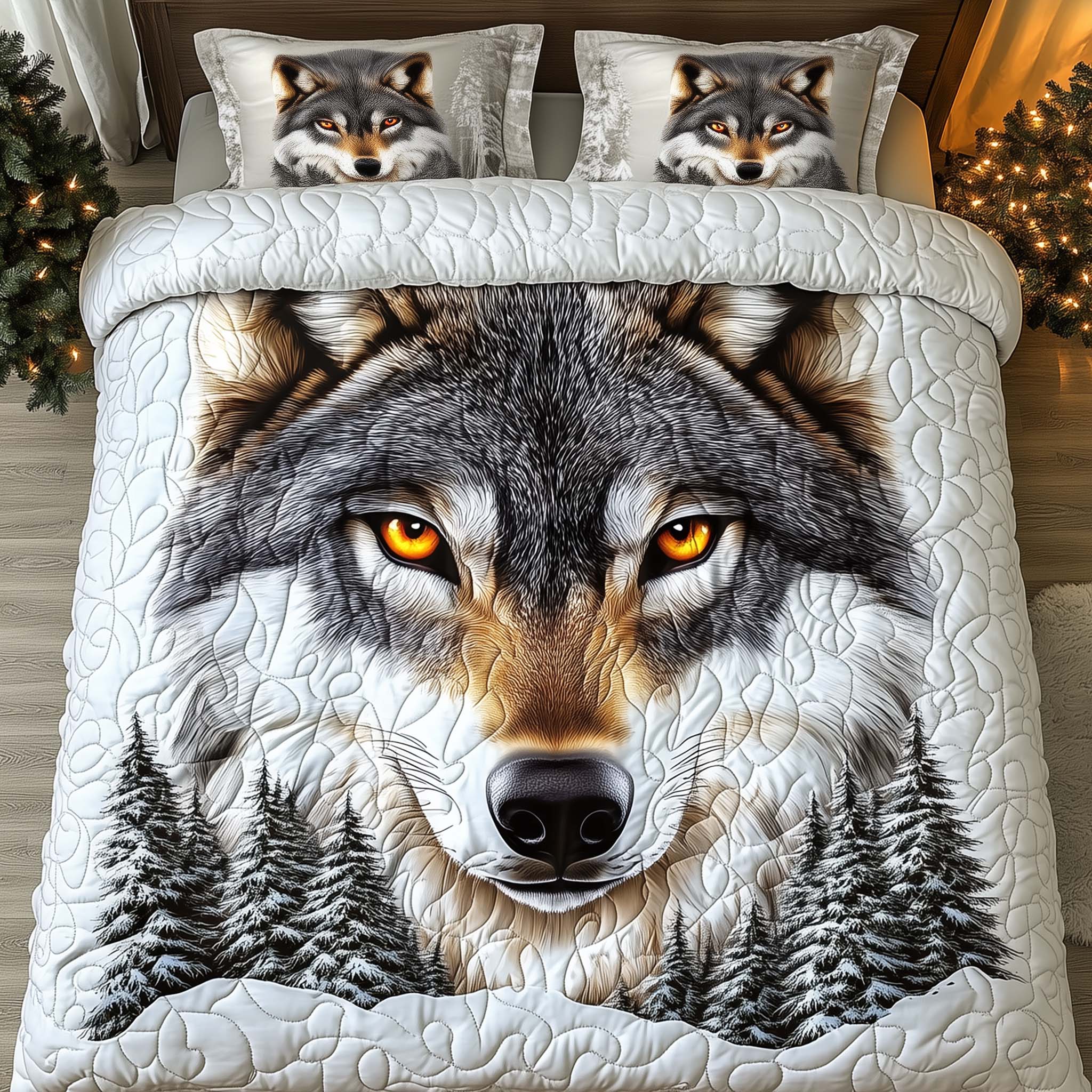 Golden Gaze Quilted Bedding Set Christmas Comforter Set King Wolf Gifts For Him Her