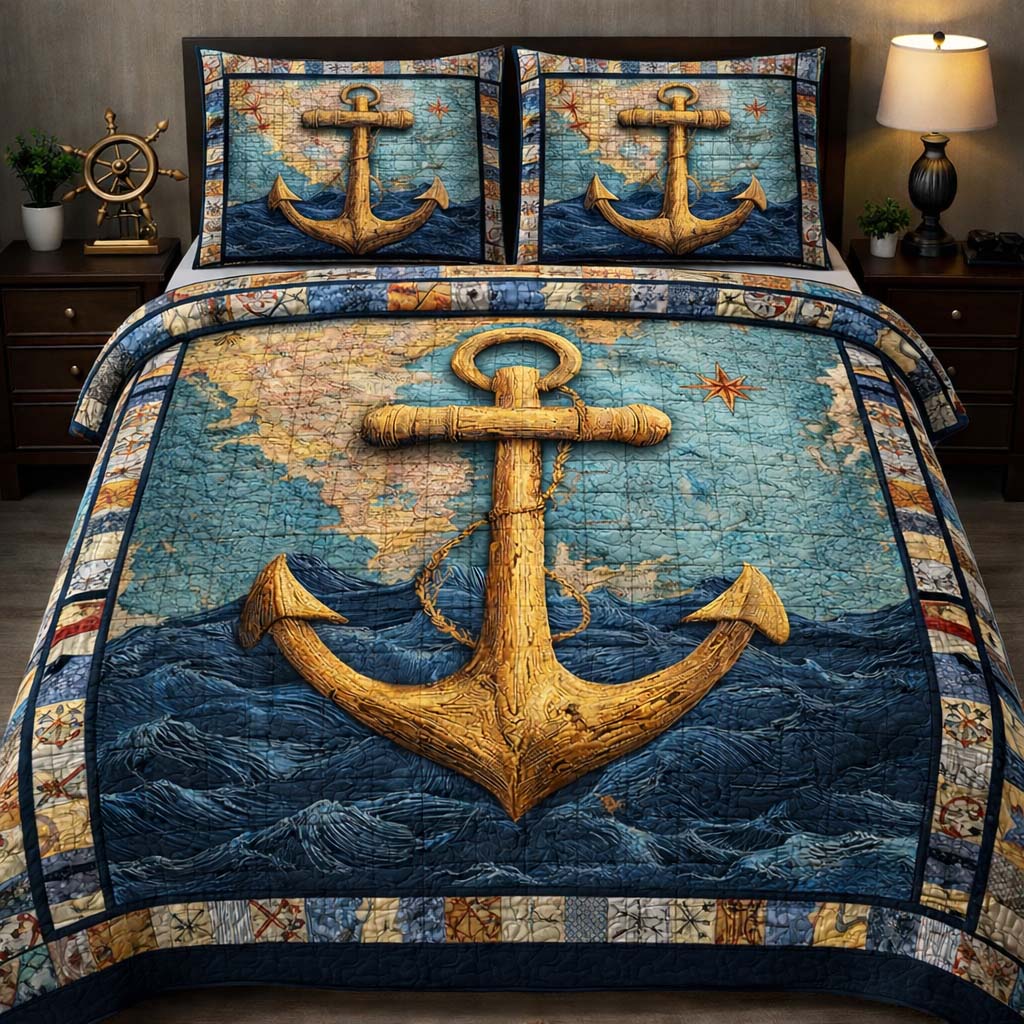 Golden Harbor Anchor Quilted Bedding Set Best Bedding Comforter Sets Beach Gifts For Friend