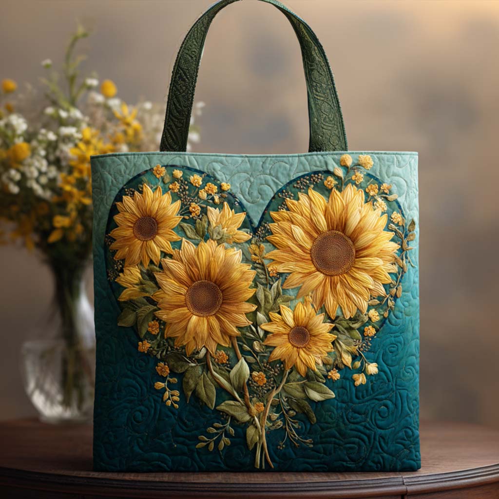Golden Heart Quilted Tote Bag Travel Shoulder Bag Sunflower Birthday Gifts